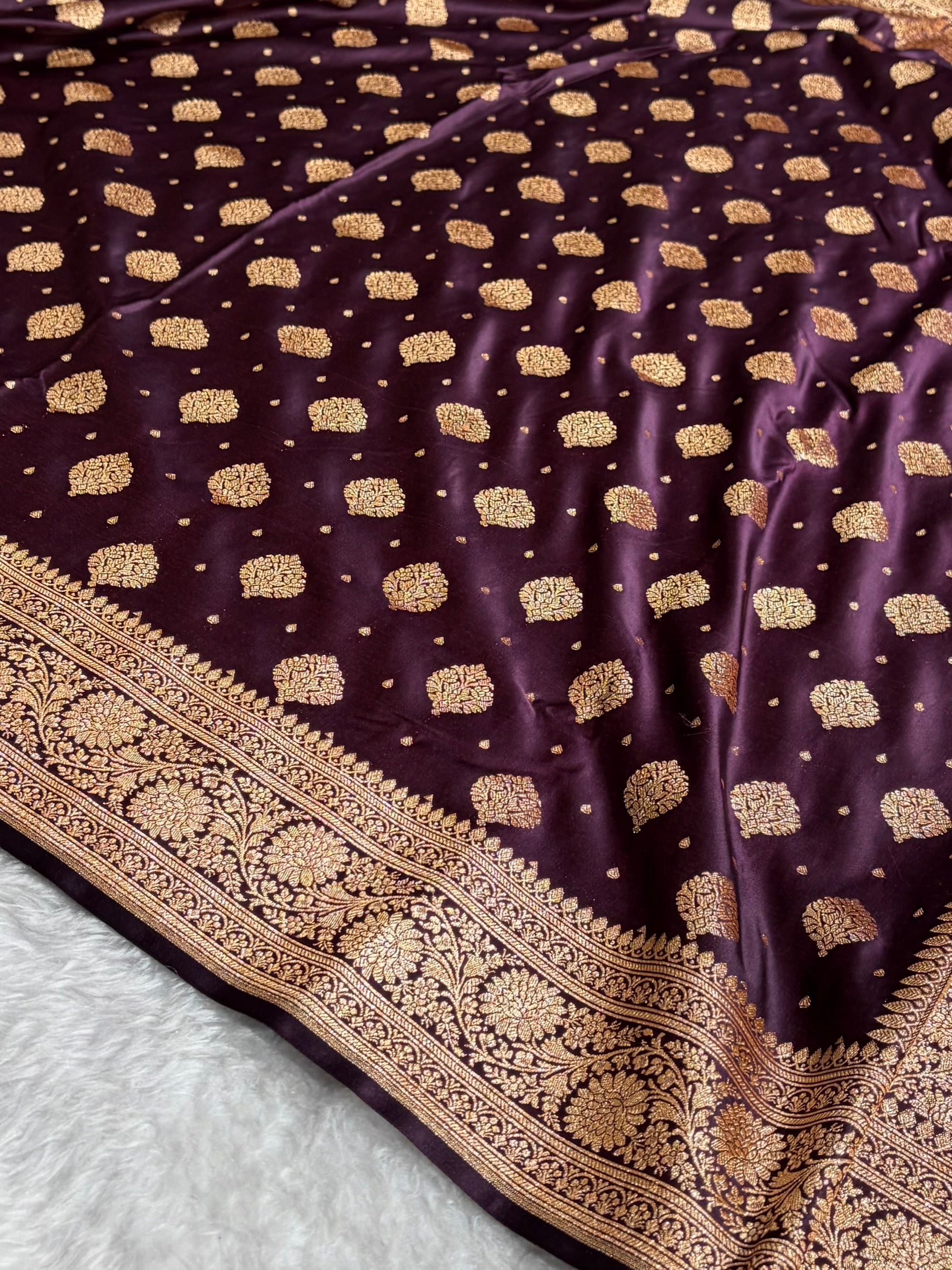 Dark Wine Unique Boota Pattern Satin Katan Silk Saree SK69