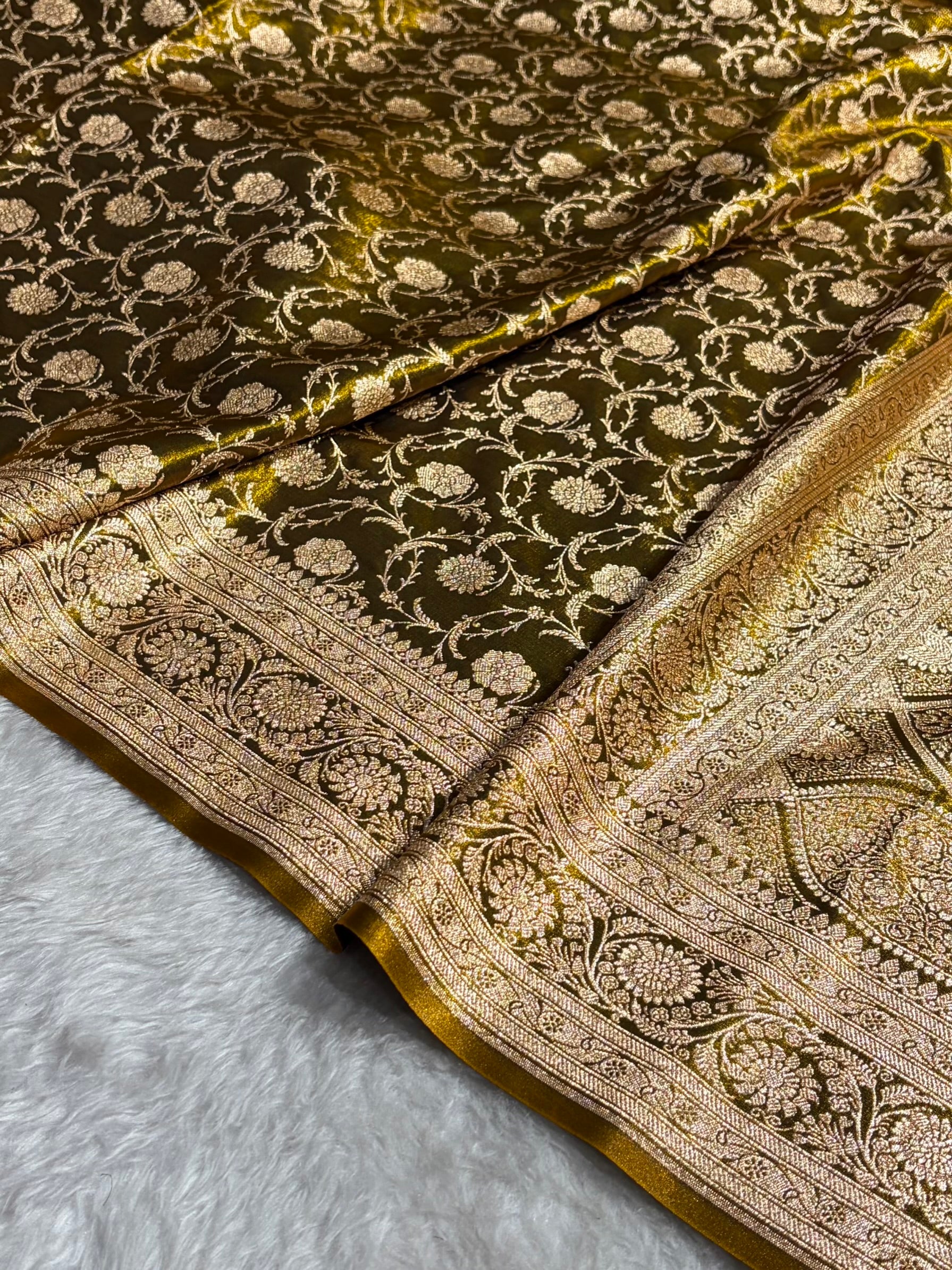 Ultra Light Weight Satin Silk Jaal in Mehendi Shades SS13
