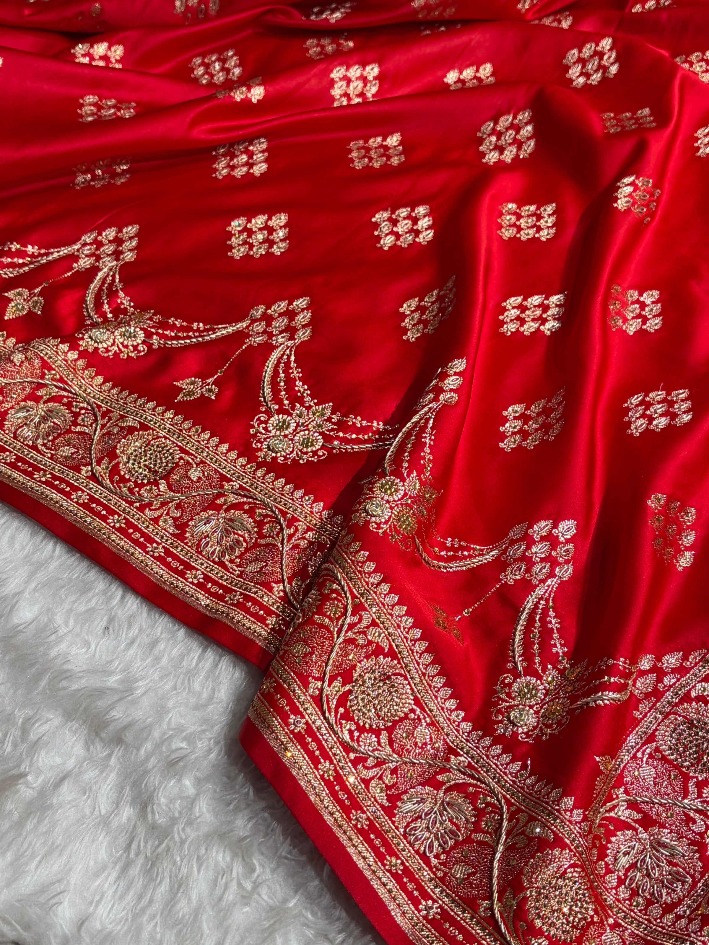 Bridal Red Floral Boota Pattern With Zardozi Stone Work Satin Katan Silk saree BSK34