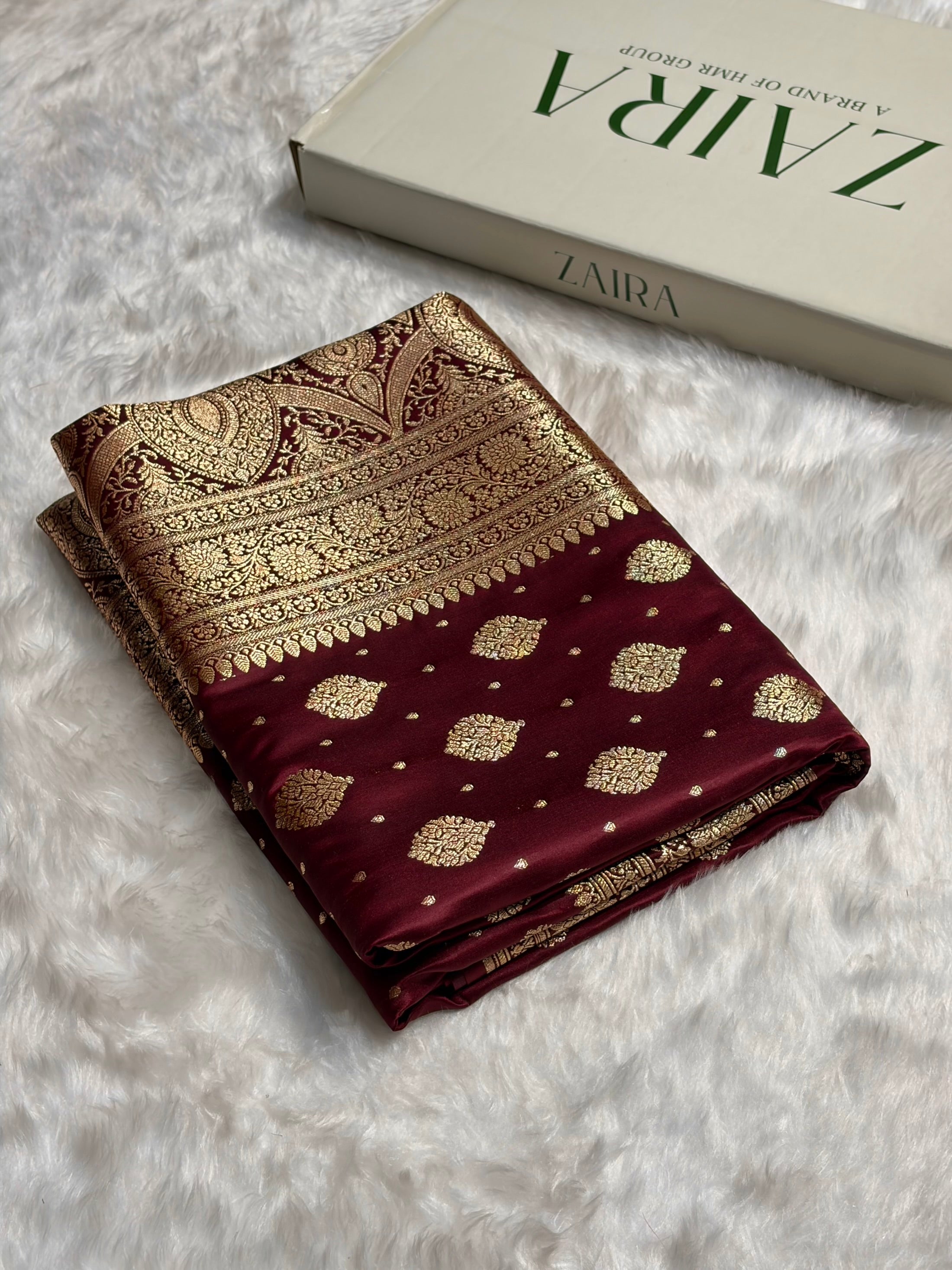 Garnet Unique Boota Pattern Satin Katan Silk Saree SK69