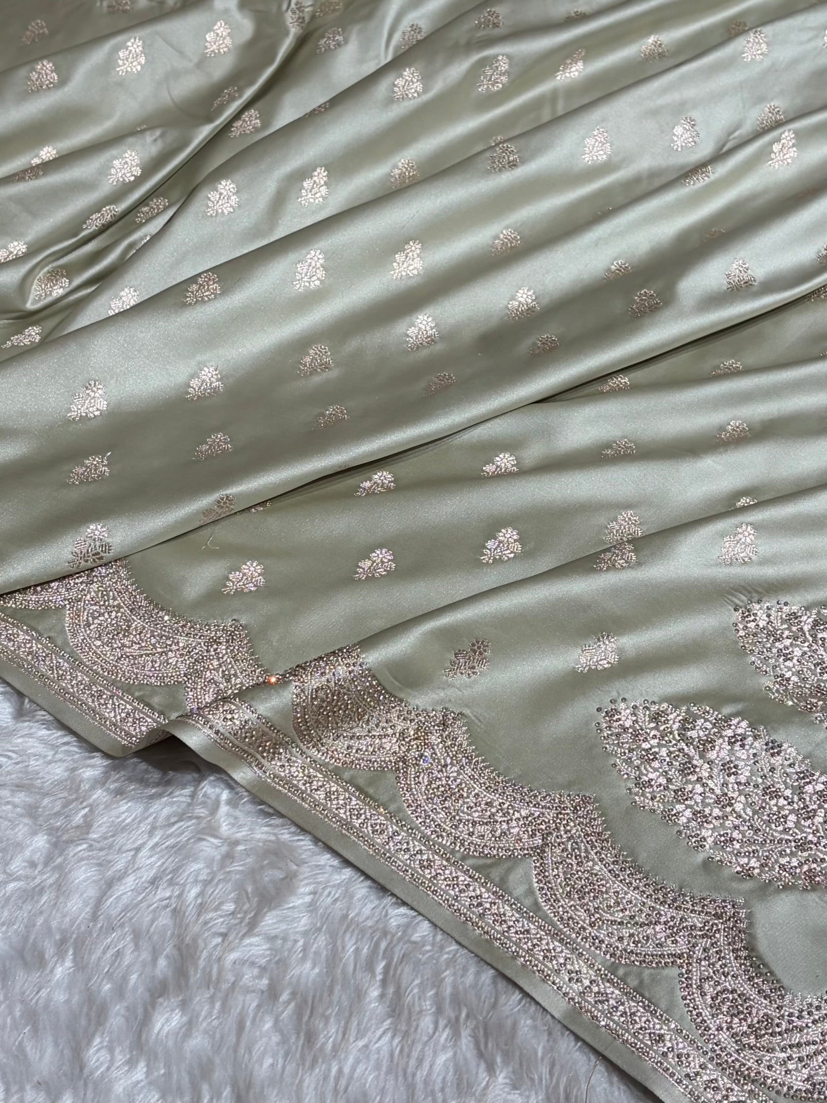 Banarasi Light Pista Scallop Mashru Silk with White Stone Swarovski work BMCS02