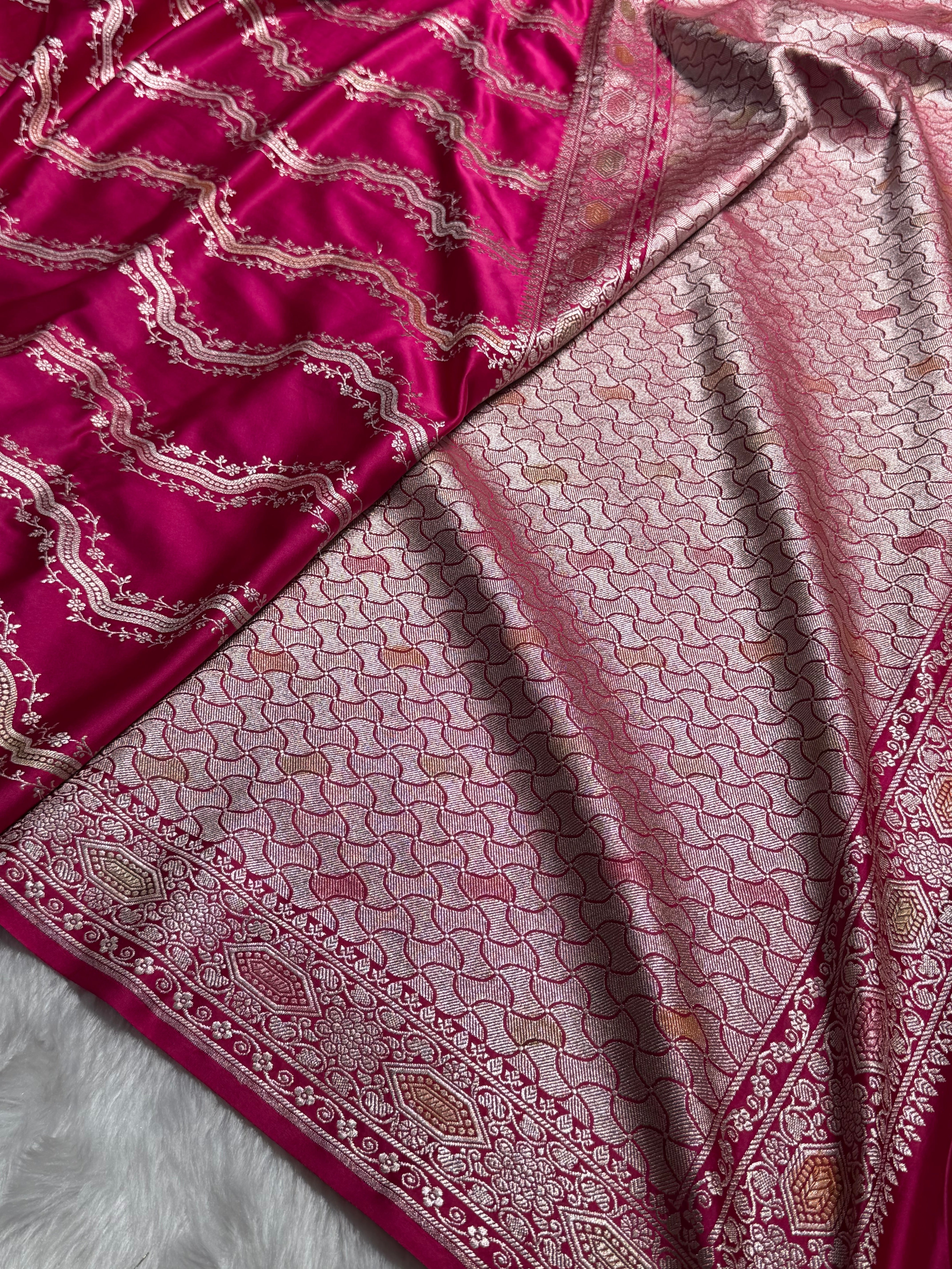 Banarasi Minakari Cross Pattern in Rani Pink Shades Mashru Silk Saree MS93