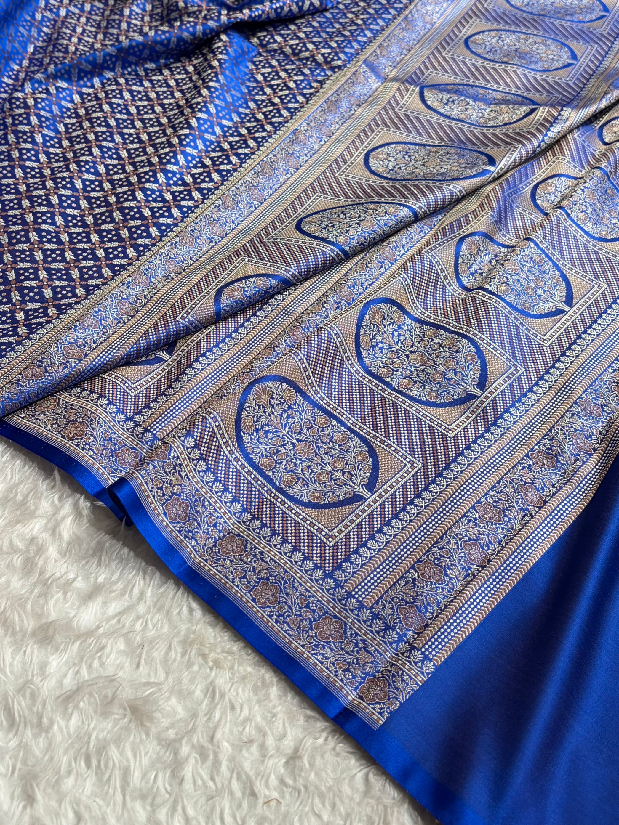 Royal Blue Jamawar Tanchoi Jaal Katan Silk Saree SKTM-23