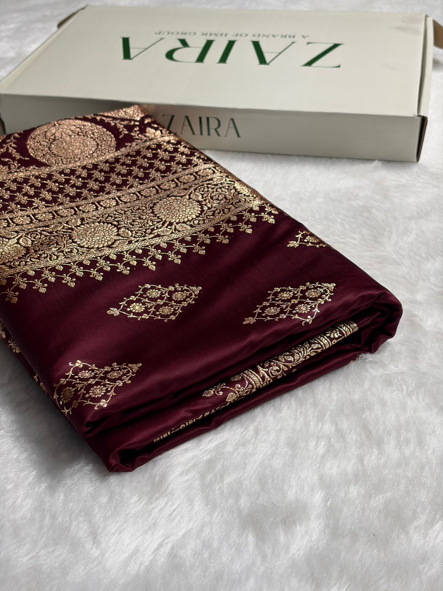 Garnet Floral Boota Satin Katan Silk saree SK35