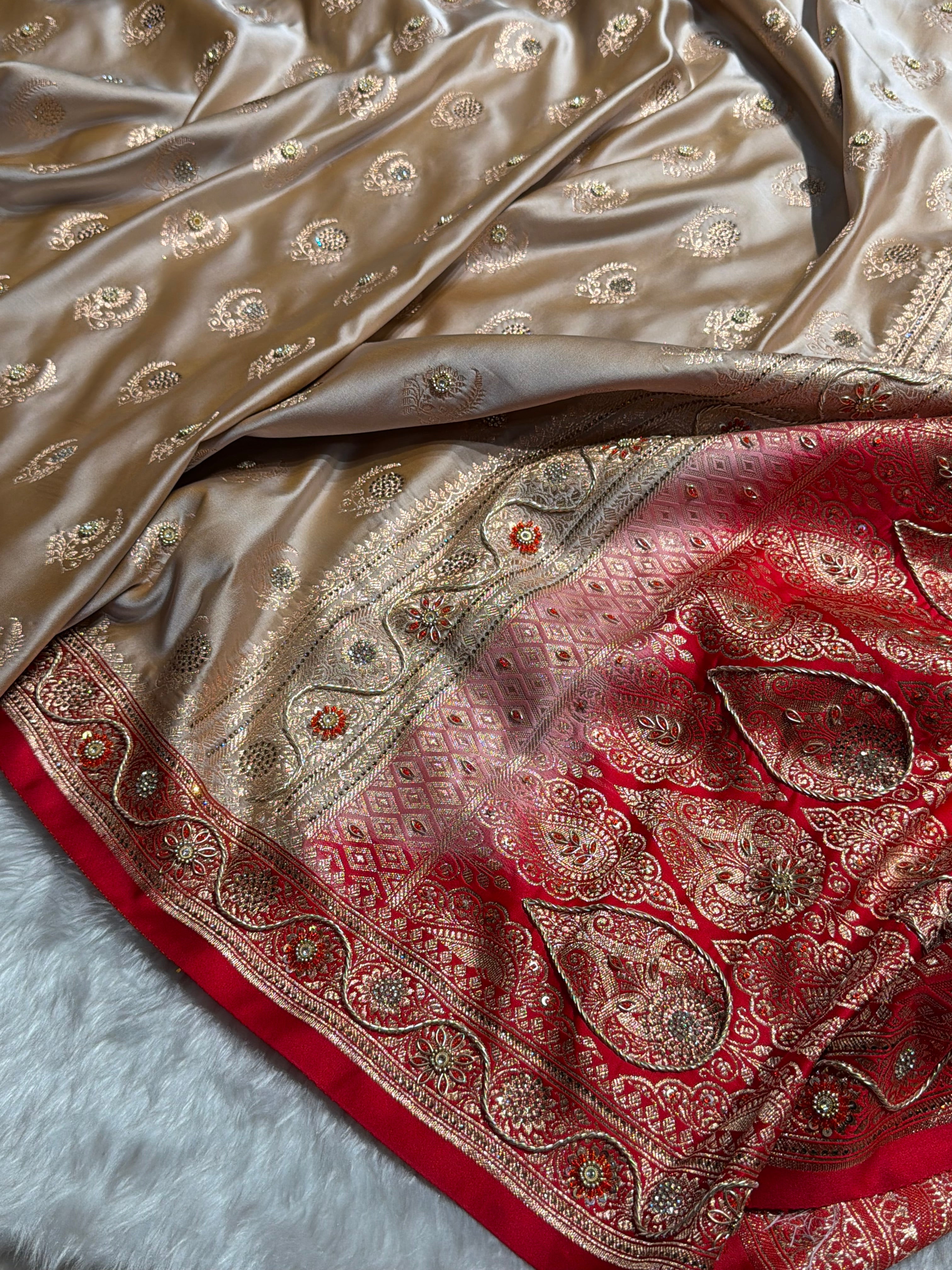 Mustard with Red Boota With Swarovski & Zardozi Work Satin Katan Silk saree BSK27