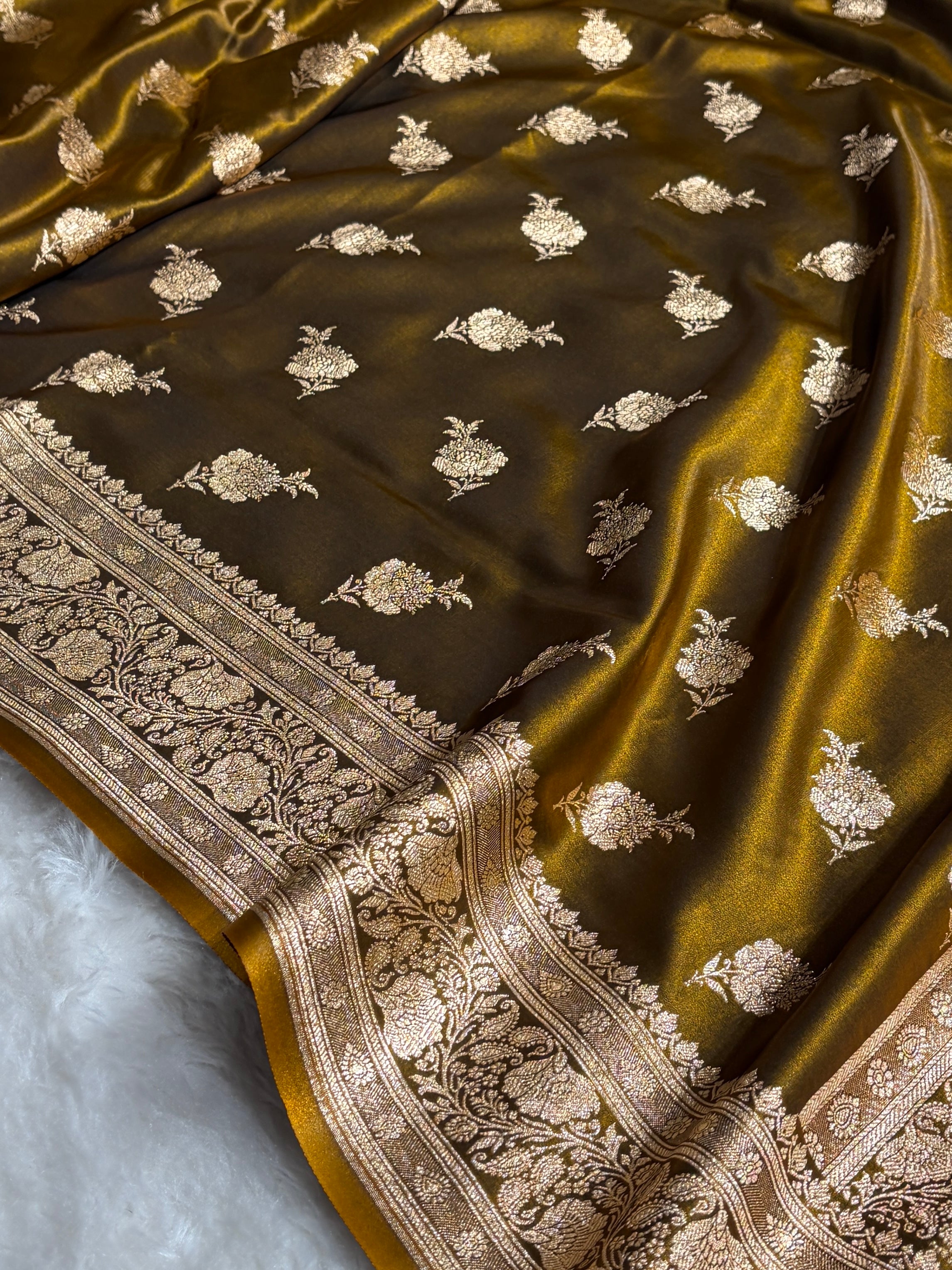 Satin Silk Saree Floral Boota in Mehendi Shades SS26