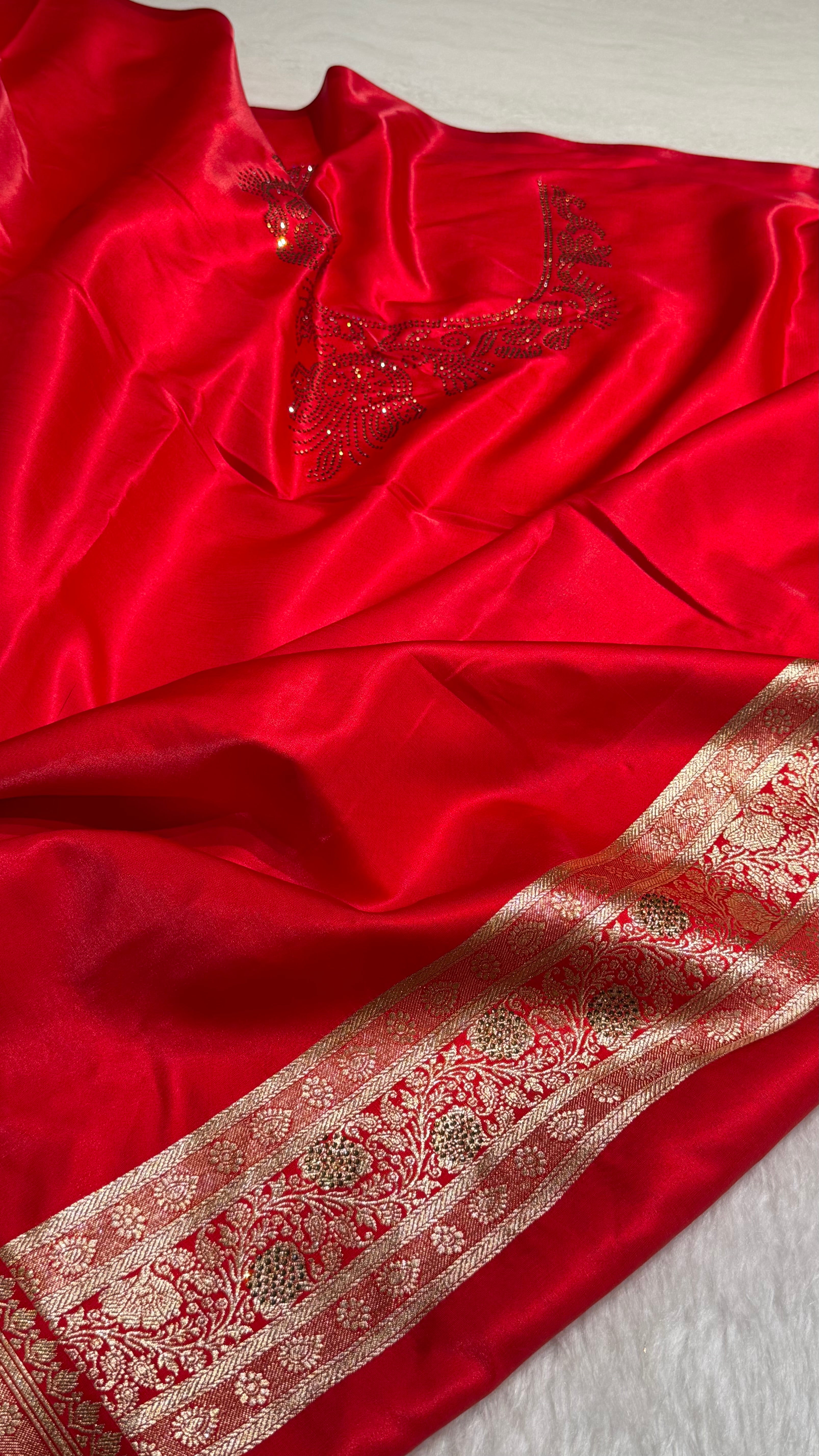 Satin Silk Saree Swarovski Work Floral Boota in Red Shades BSS26