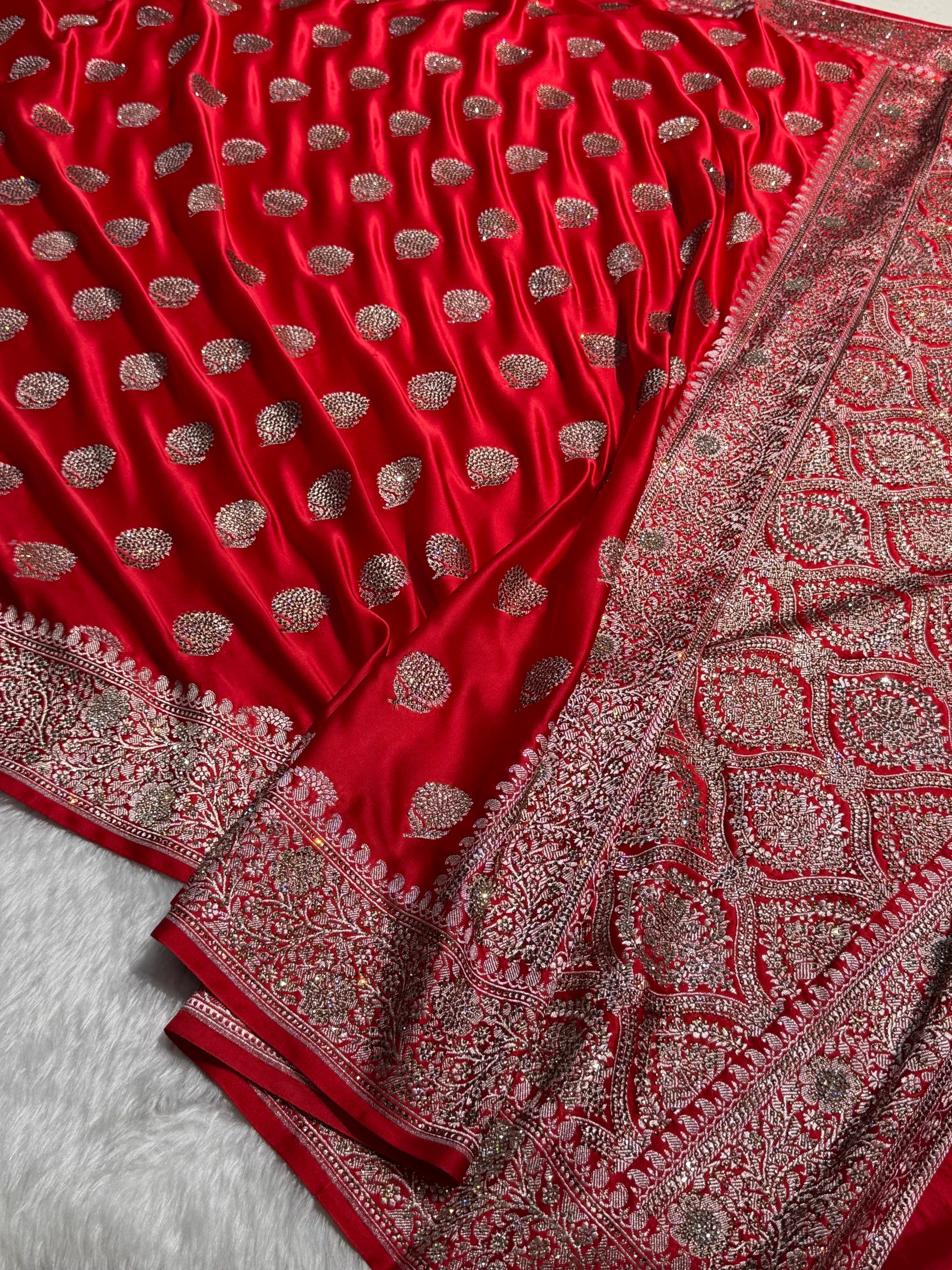 Red Tree Boota With Swarovski Work Mashru Silk Saree BMS19