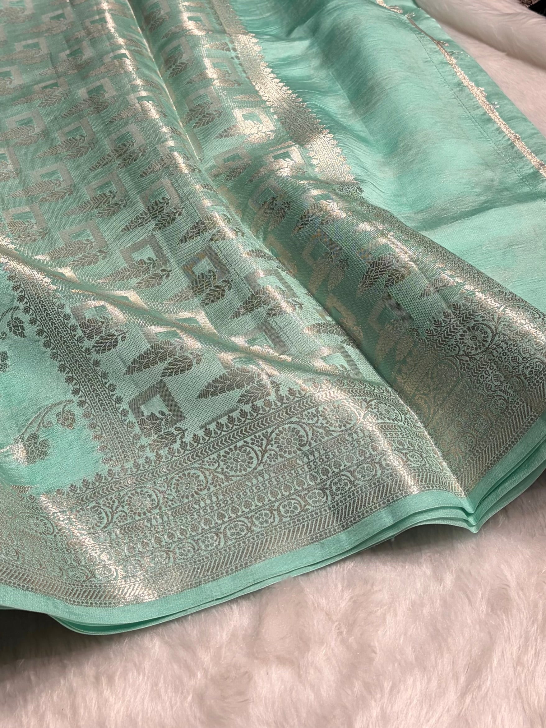 Sea Green Banarasi Jaal Pure Caramel Silk Saree CS-07