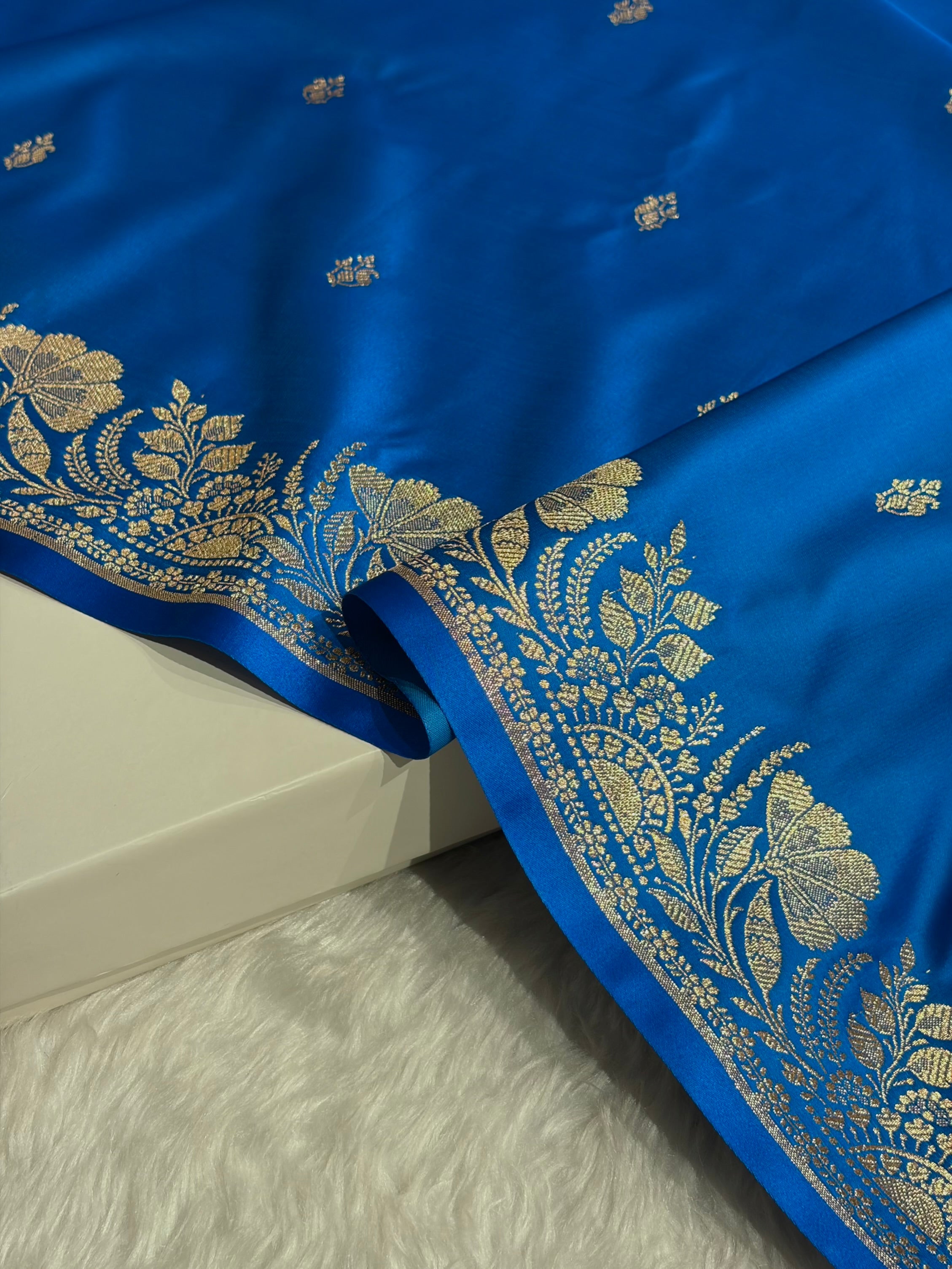 Banarasi Satin Katan Saree Floral Border Pattern in Blue Shades SK143