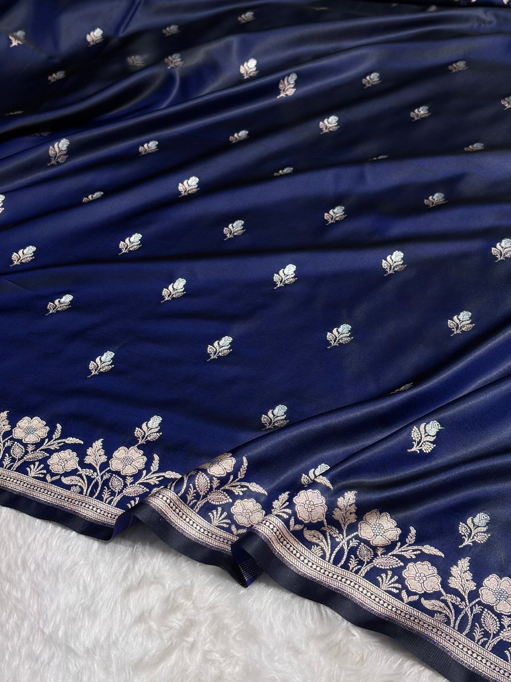Navy Blue Boota With Floral Border Mashru Silk Saree MSM-85