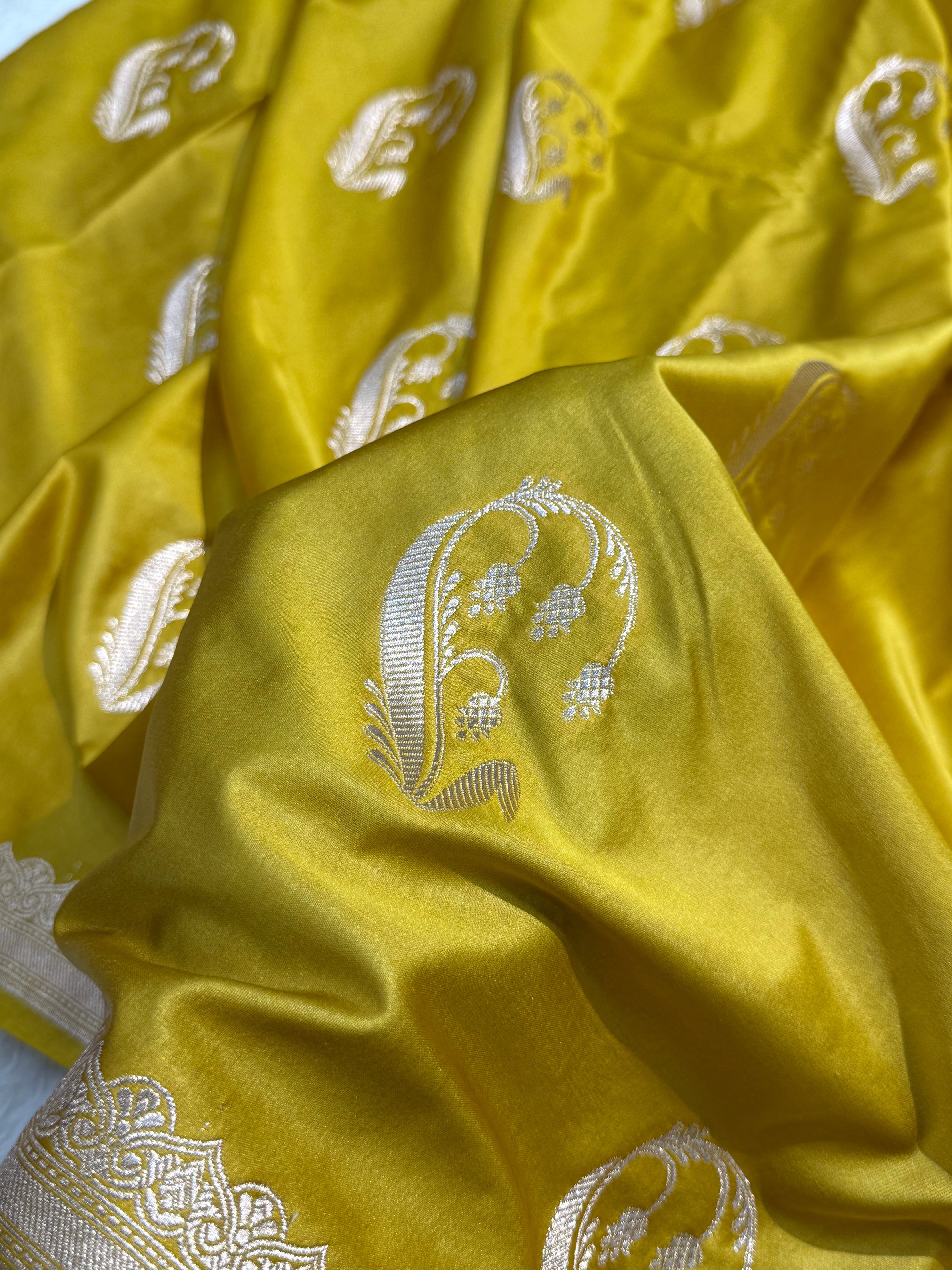 Mustard Unique Boota Motif Mashru Silk Saree