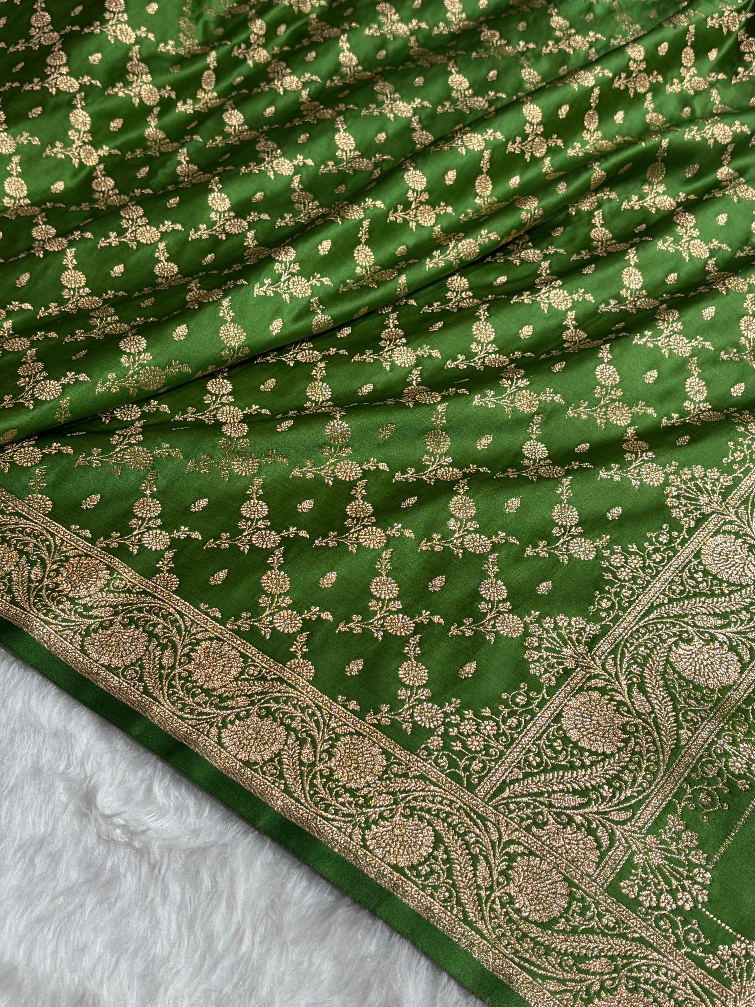 Banarasi Satin Katan Saree Jaal Pattern In Mahndi Green Shades SK133