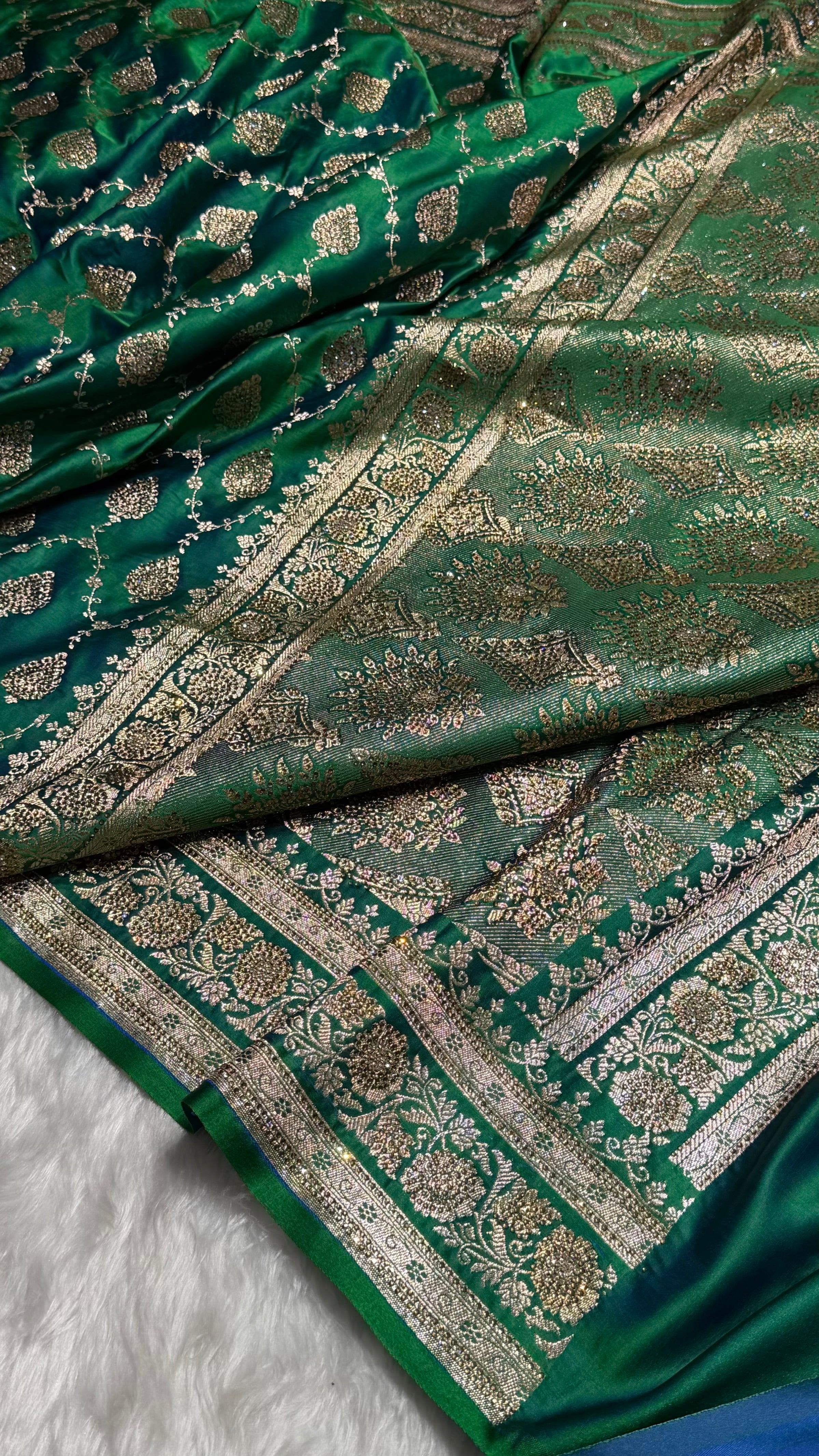 Cross Green Floral Jaal Pattern Satin Katan Silk saree BSK42