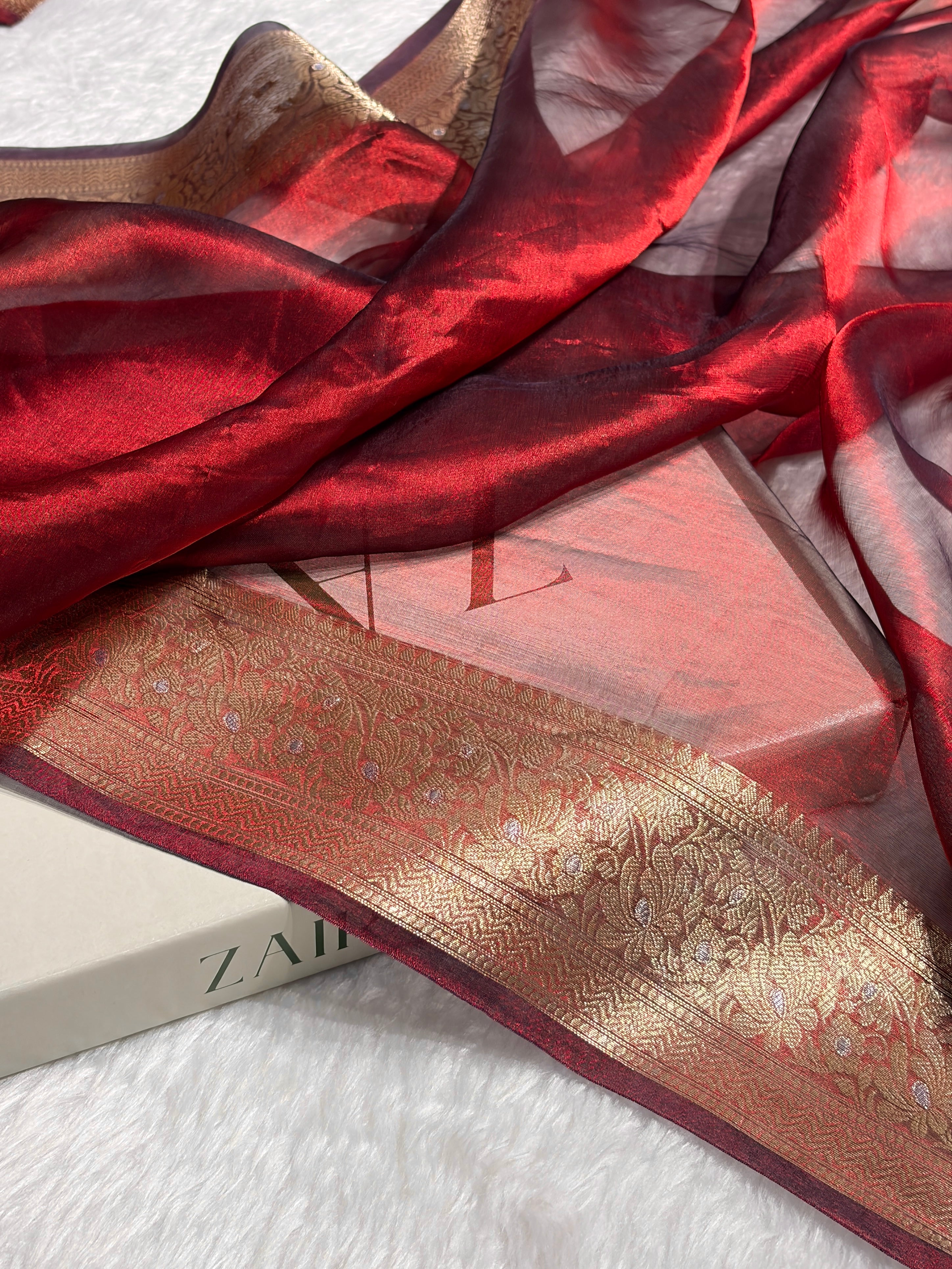 Cross Red Shades Pure Tissue Silk Saree with Brocade Blouse PT-31