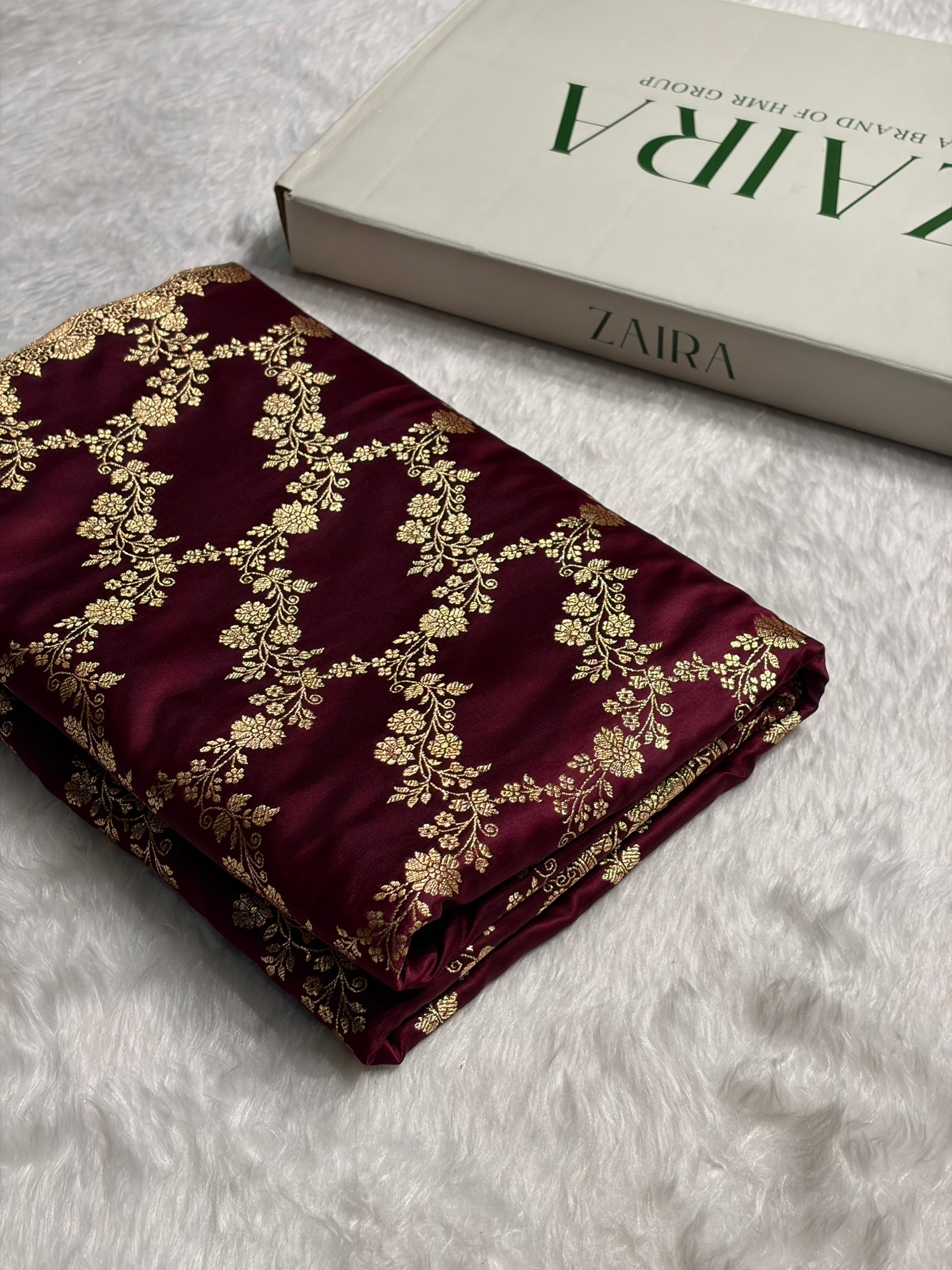 Chocolate Shade Floral Jaal Pattern Satin Katan Silk Saree SK43