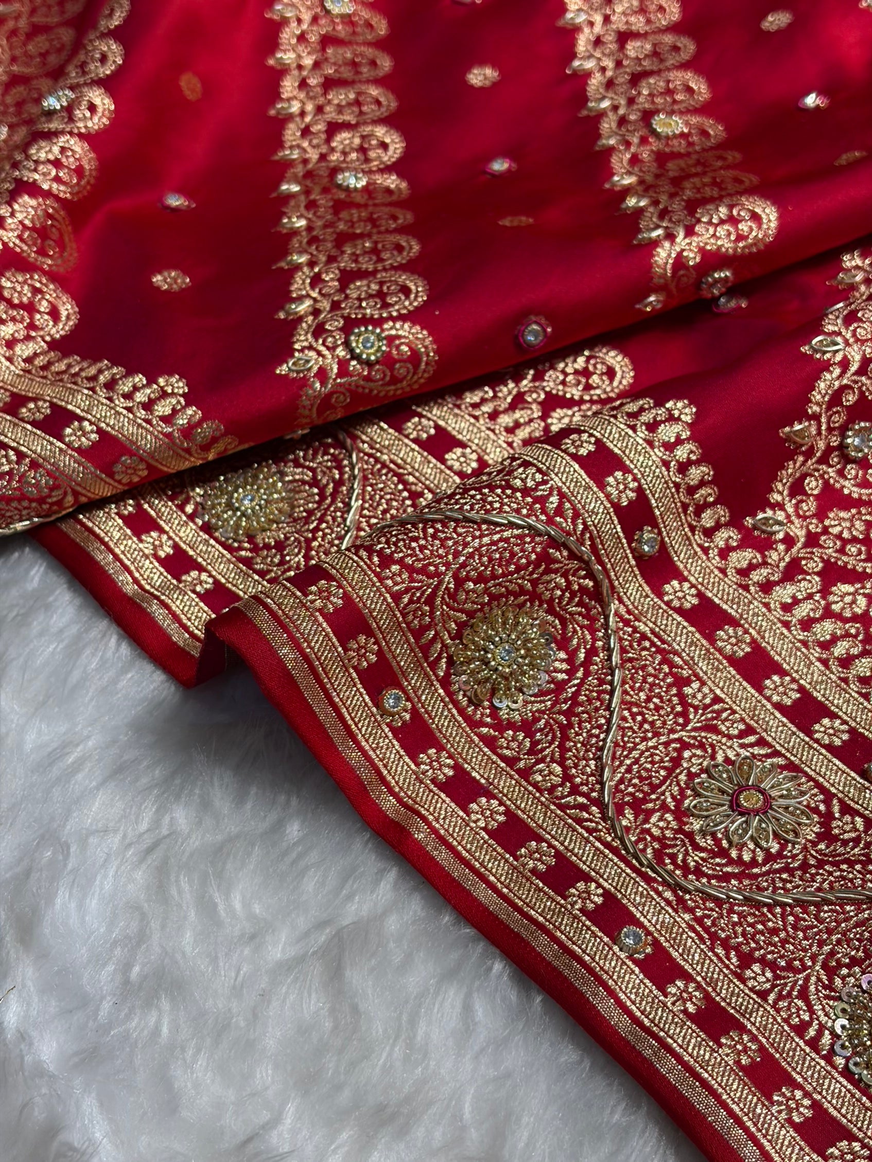 Banarasi Magnetic Red Shades Cross Floral Pattern With Zardozi Work Satin Katan Silk Saree BSK79