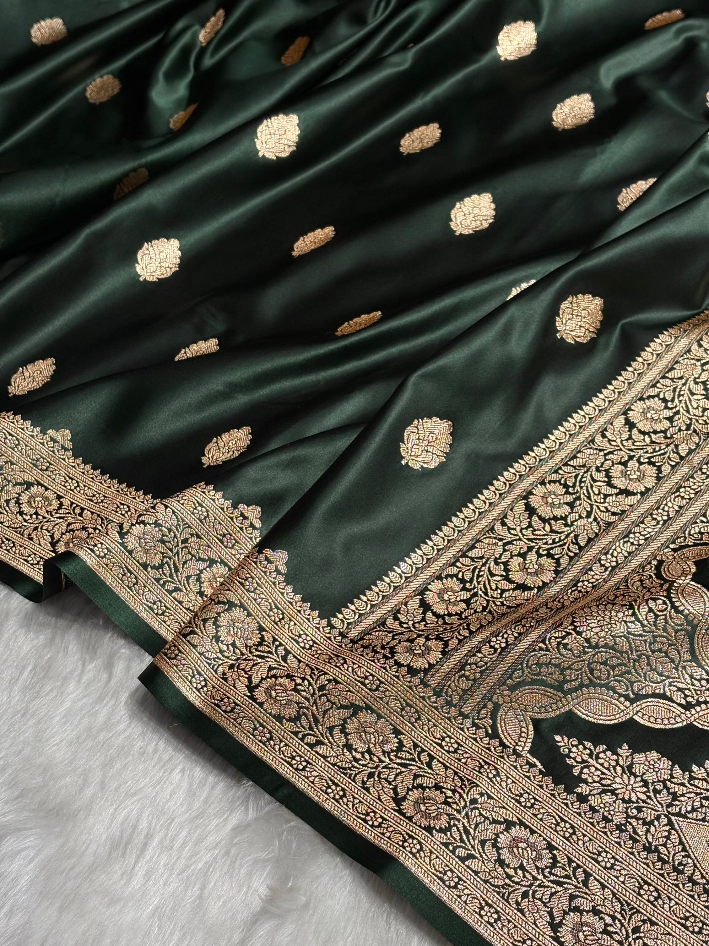 Dark Bottle Green Booti Pattern Satin Katan Silk Saree SK65