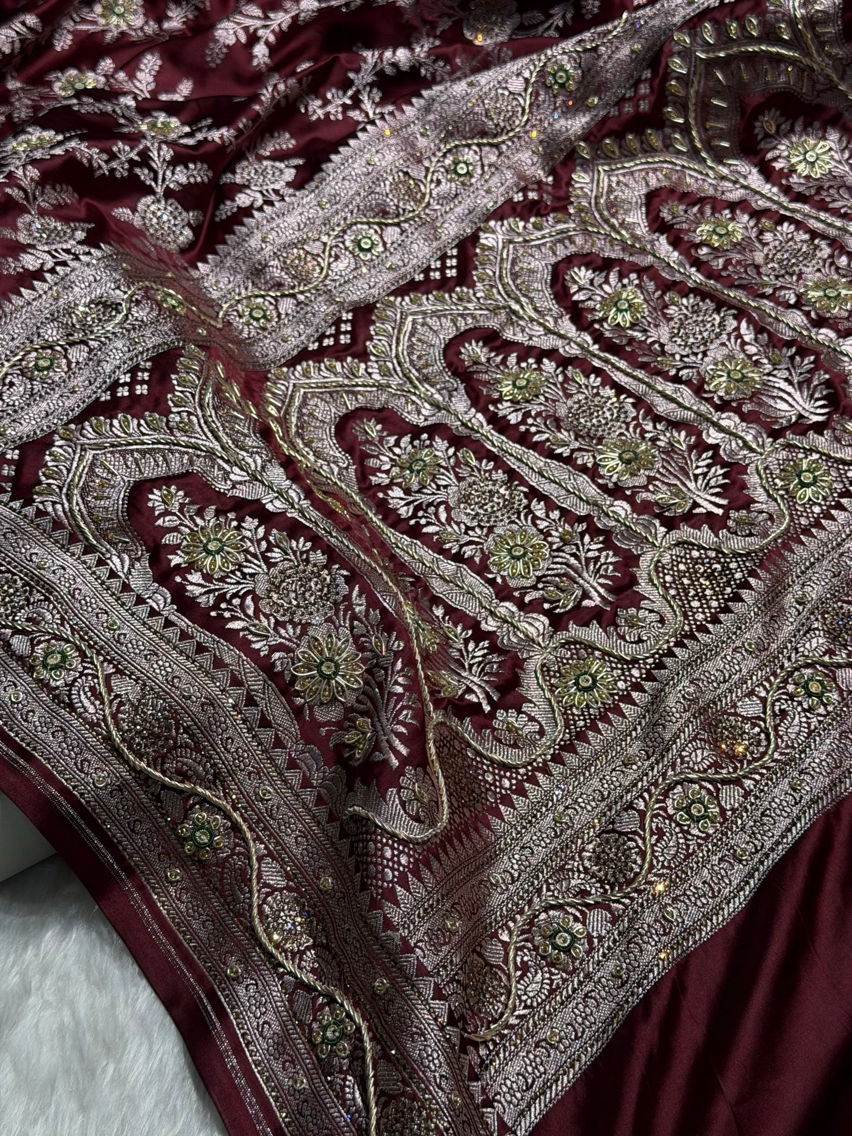Dark Maroon Mashru Silk with Bananasi Ari and swarovski work BMS28