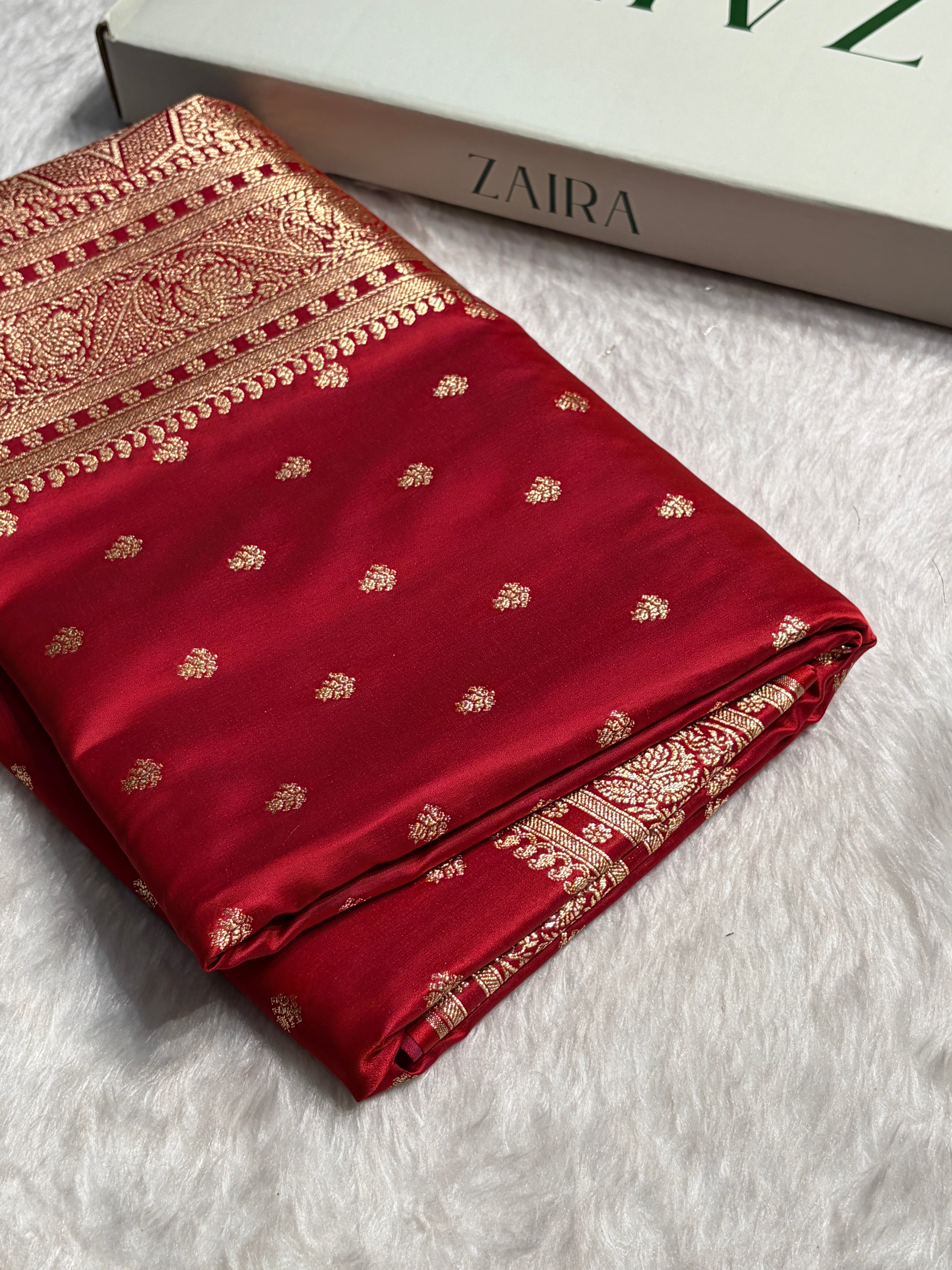 Cross Red Floral Pattern Satin Katan Silk Saree SK78