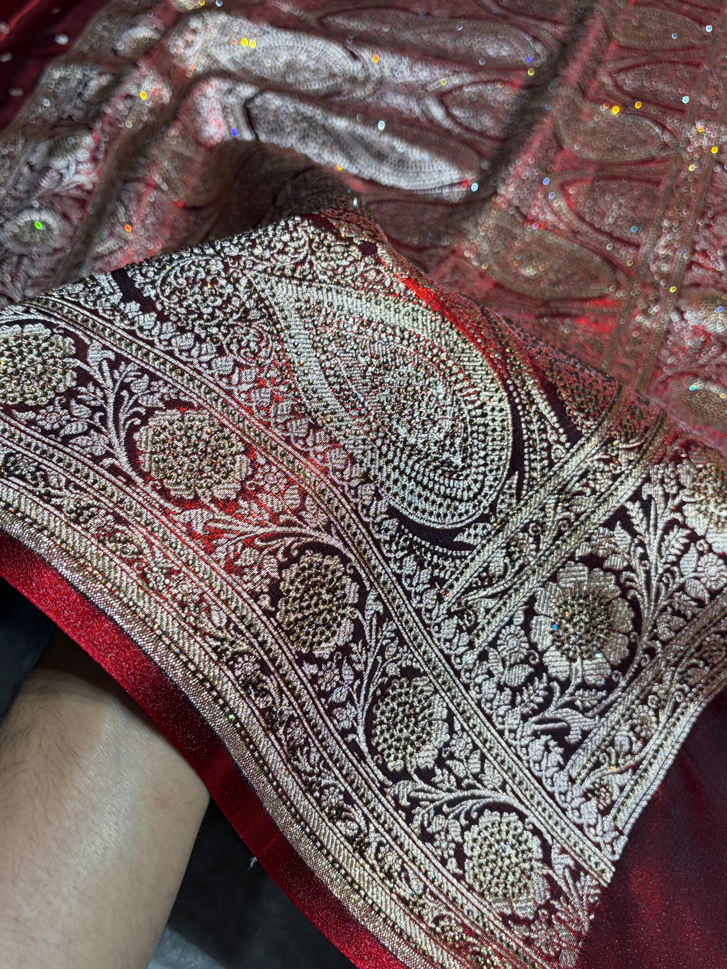 Banarasi Satin Silk Dot Booti in Maroon Shades withSwarovski work BSS08