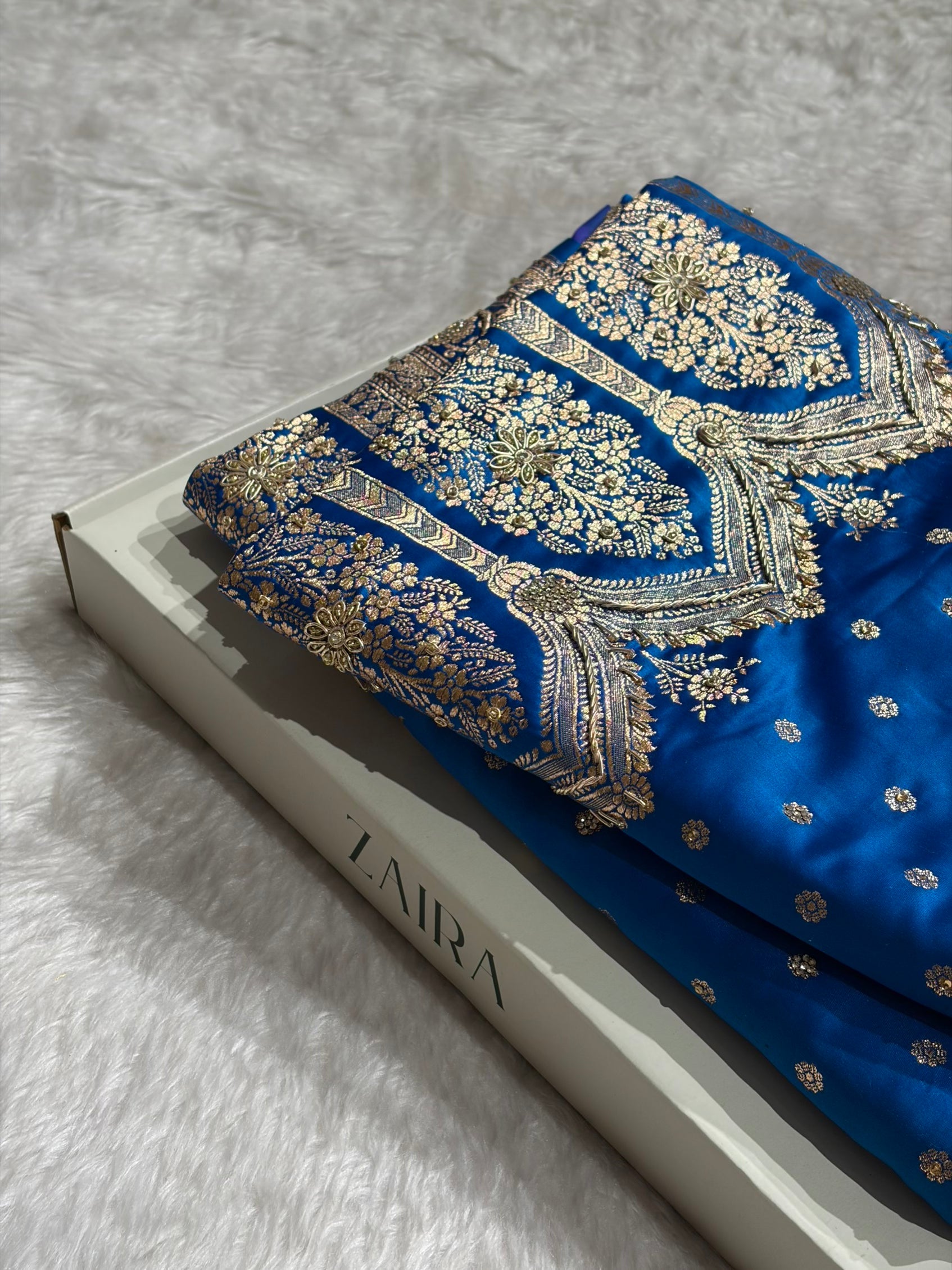 Banarasi Blue Katan Silk Saree With Ari Zardozi and Swarovski stone work BSK01