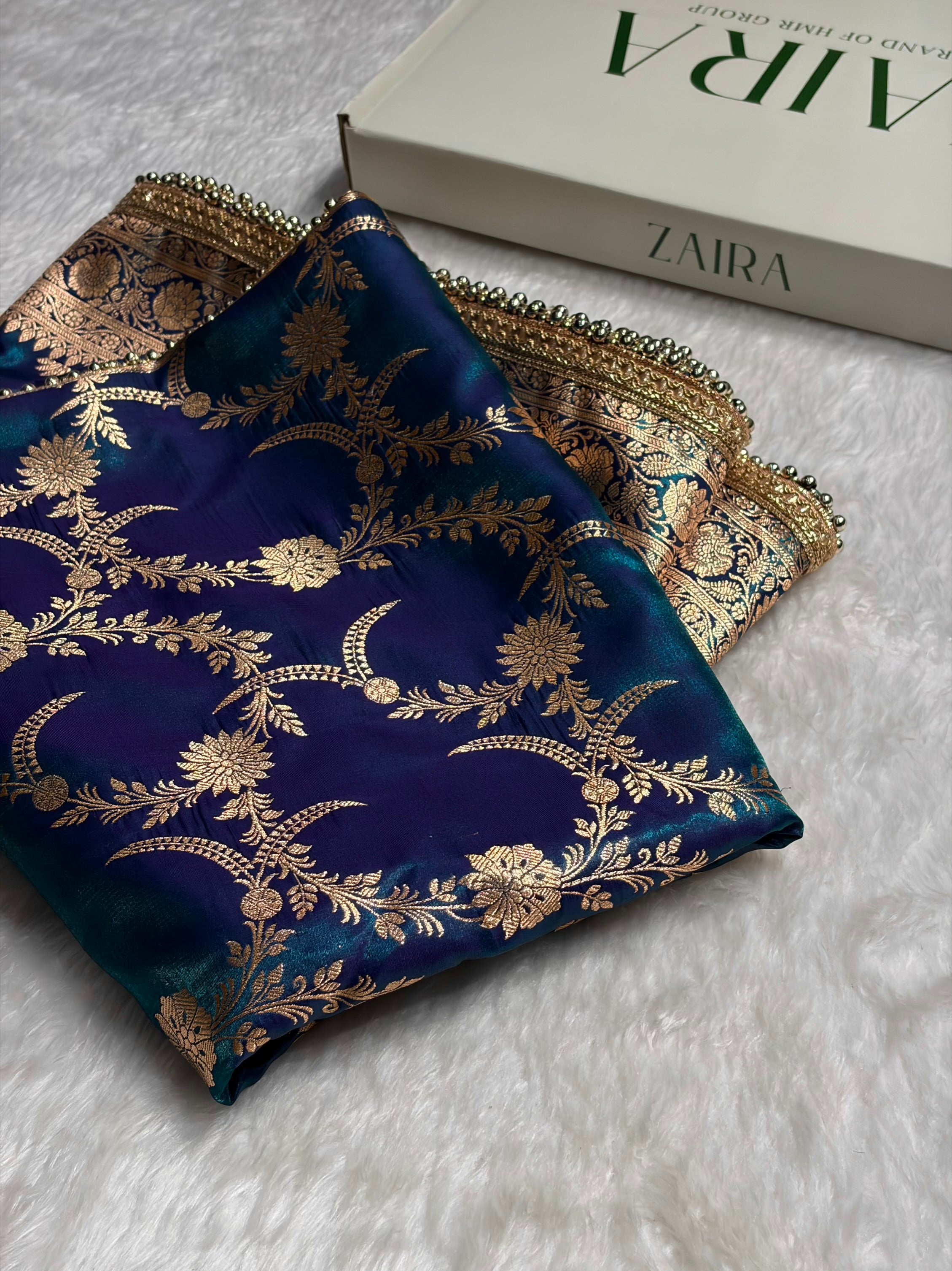 Satin Silk Banarasi Jaal In Peacock Shades With Gotta Patti SSGP18