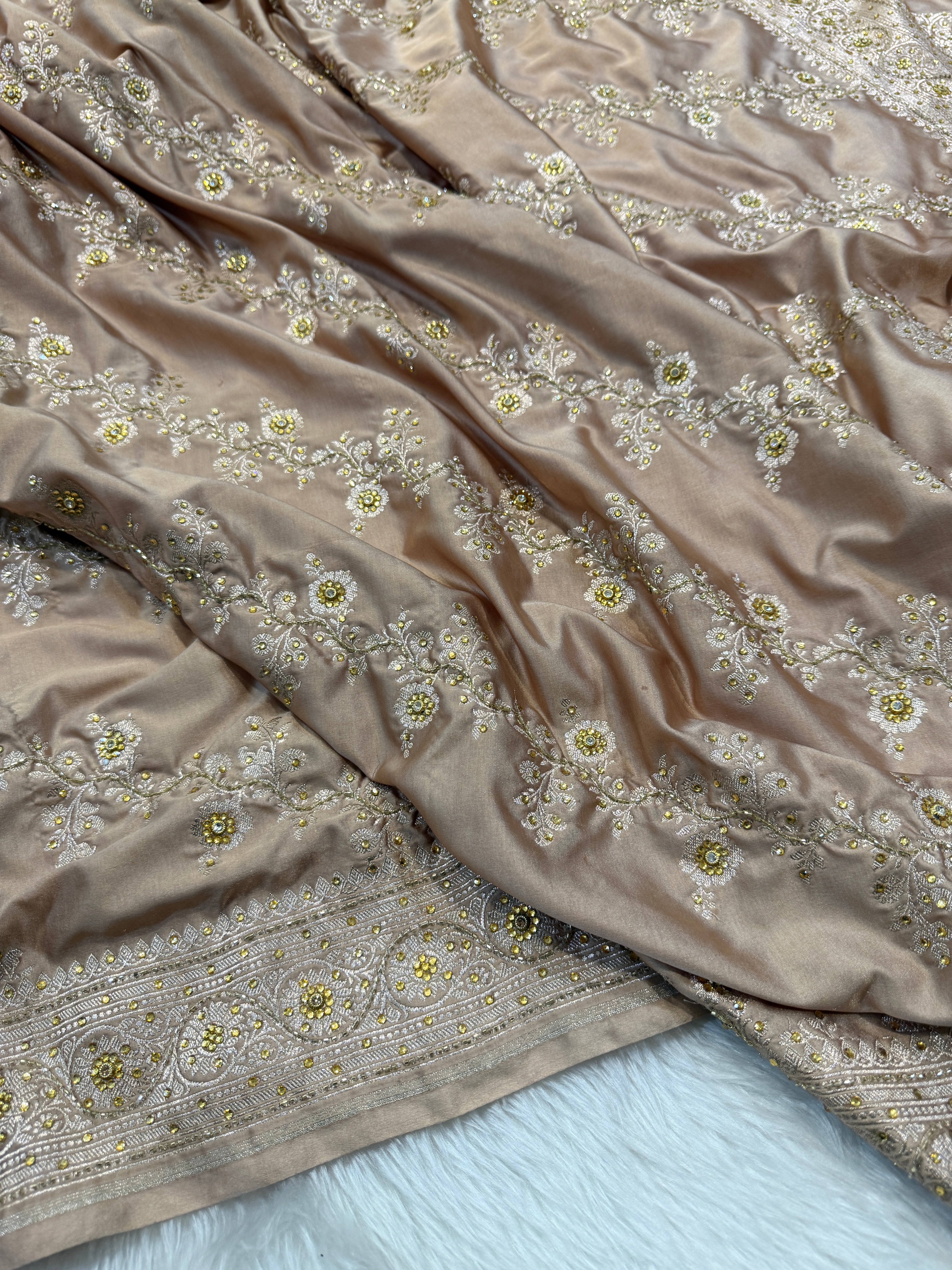 Bridal Beige Gold Mashru Silk with Ari and Stone