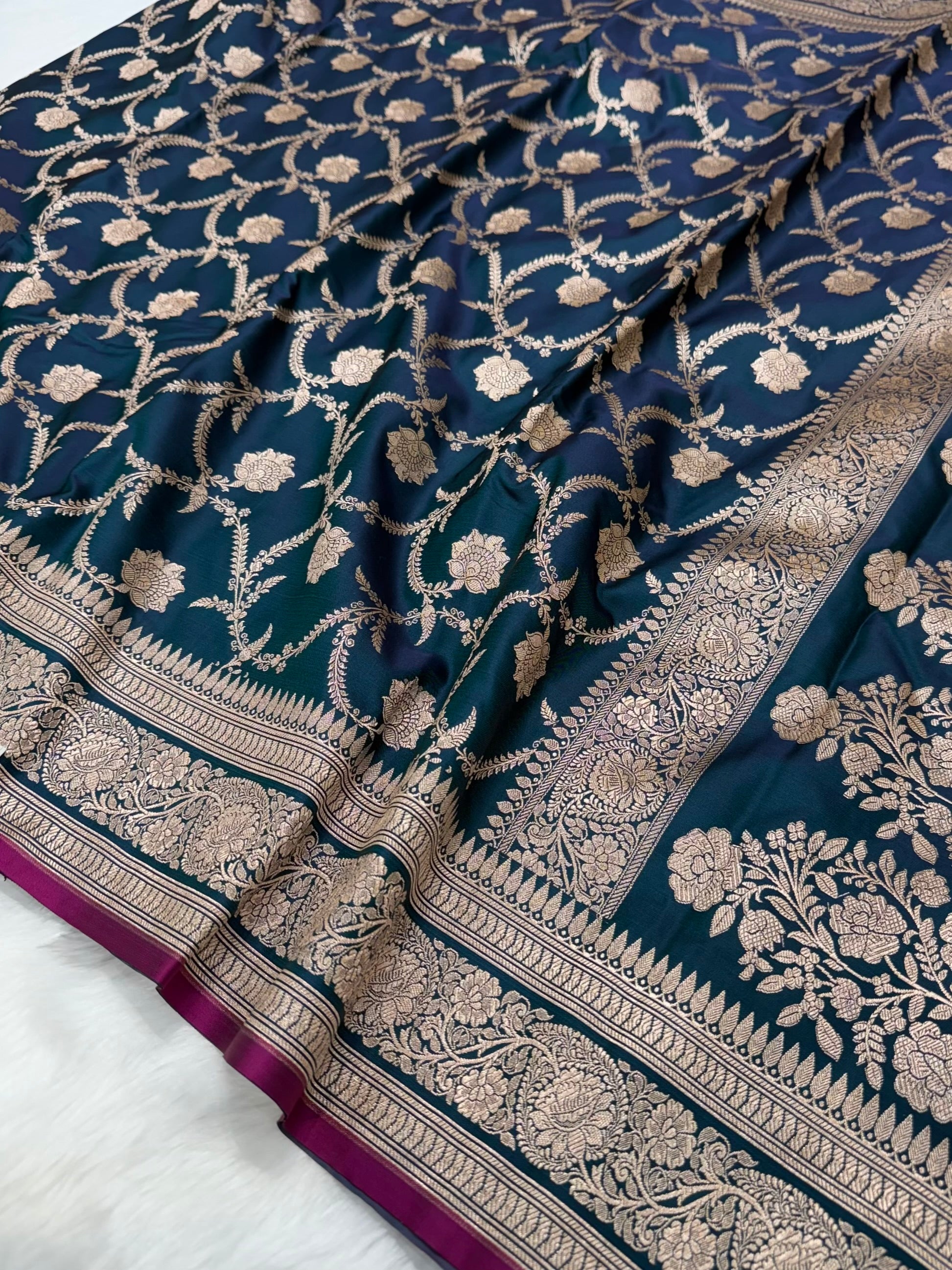 German Blue Jaal Pattern Mashru Silk Saree