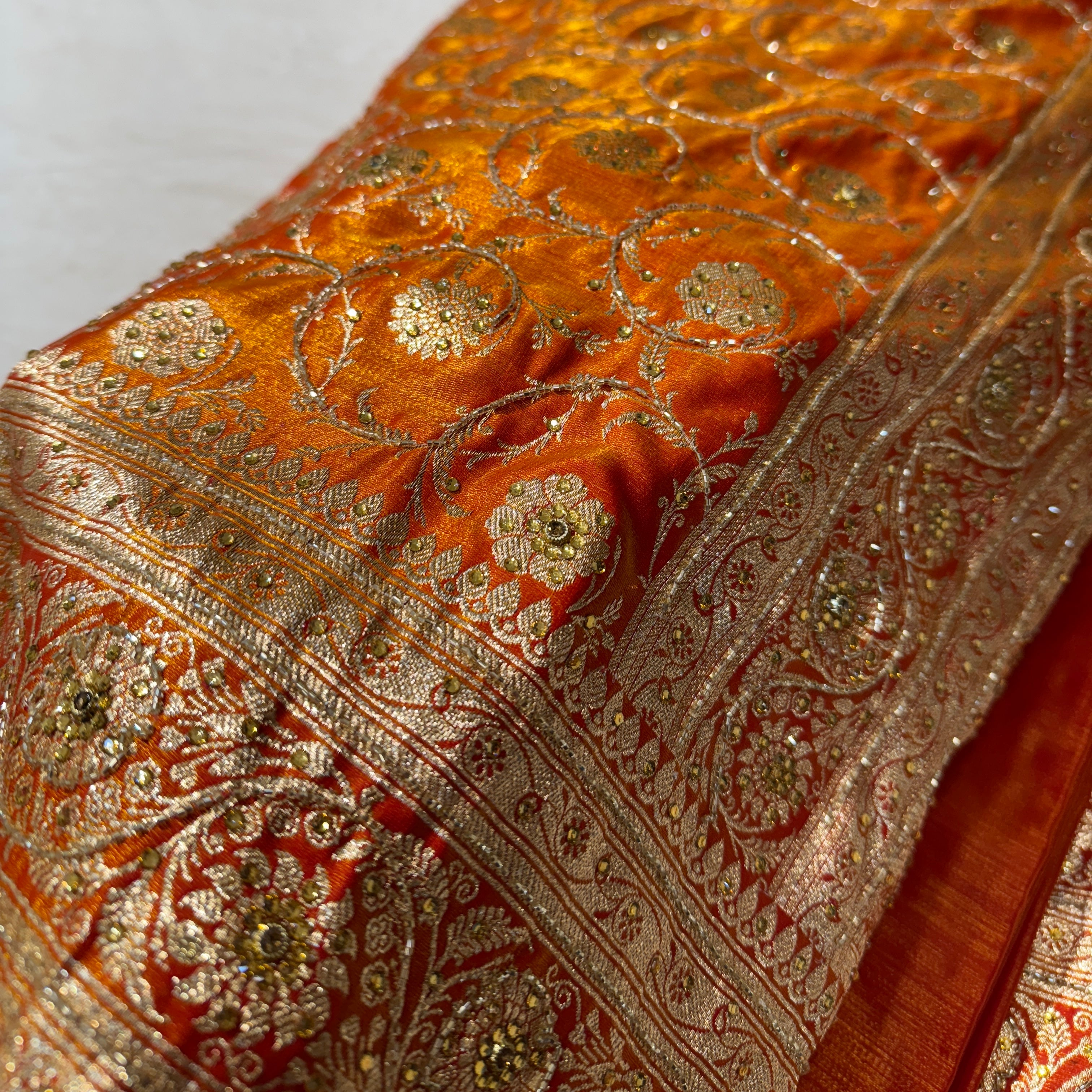 Fire Gold Satin Jaal with Ari and Stone