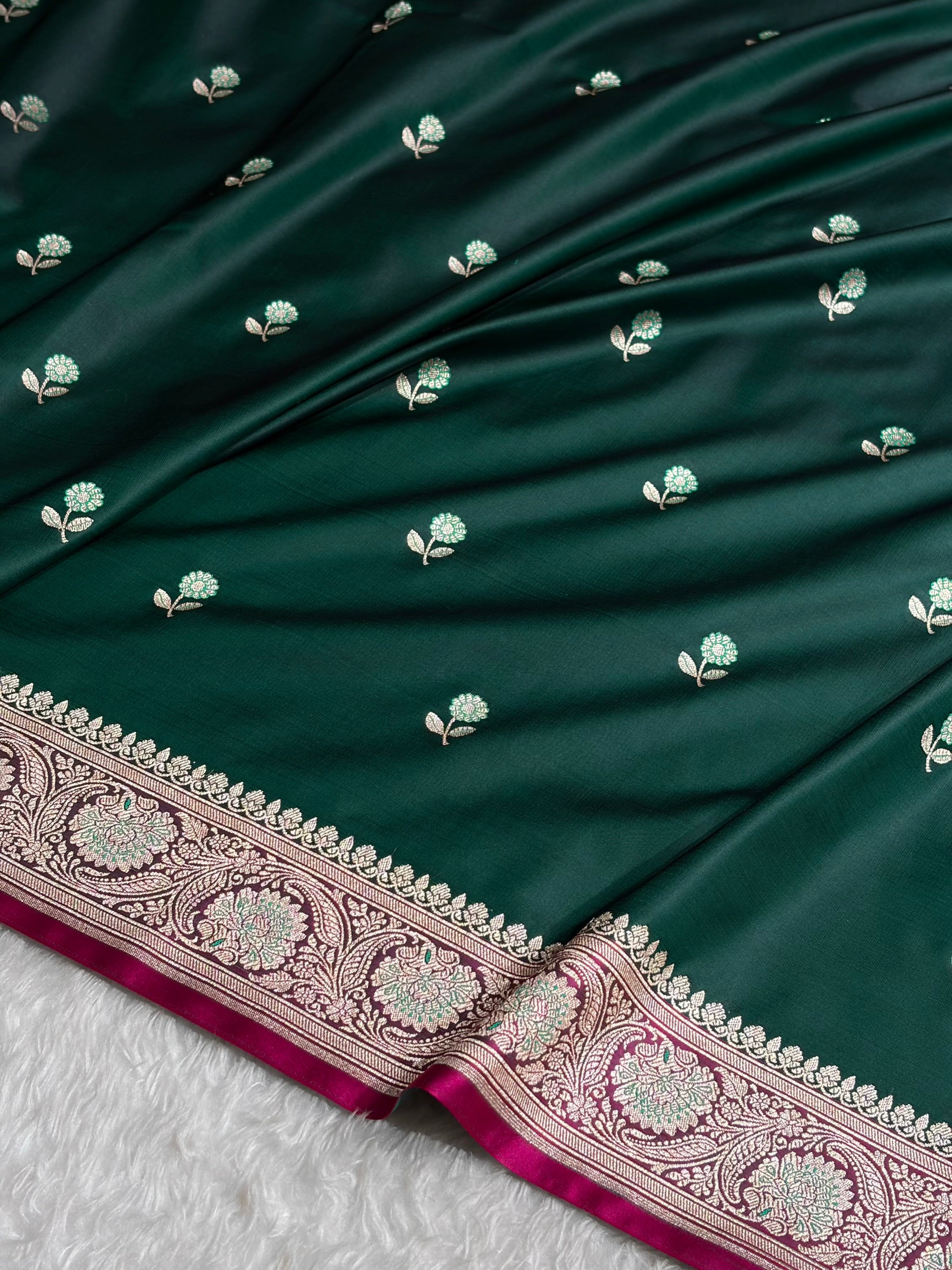 Dark Bottle Green / Rani Shades Banarasi Booti Pattern Mashru Silk Saree MSM-137