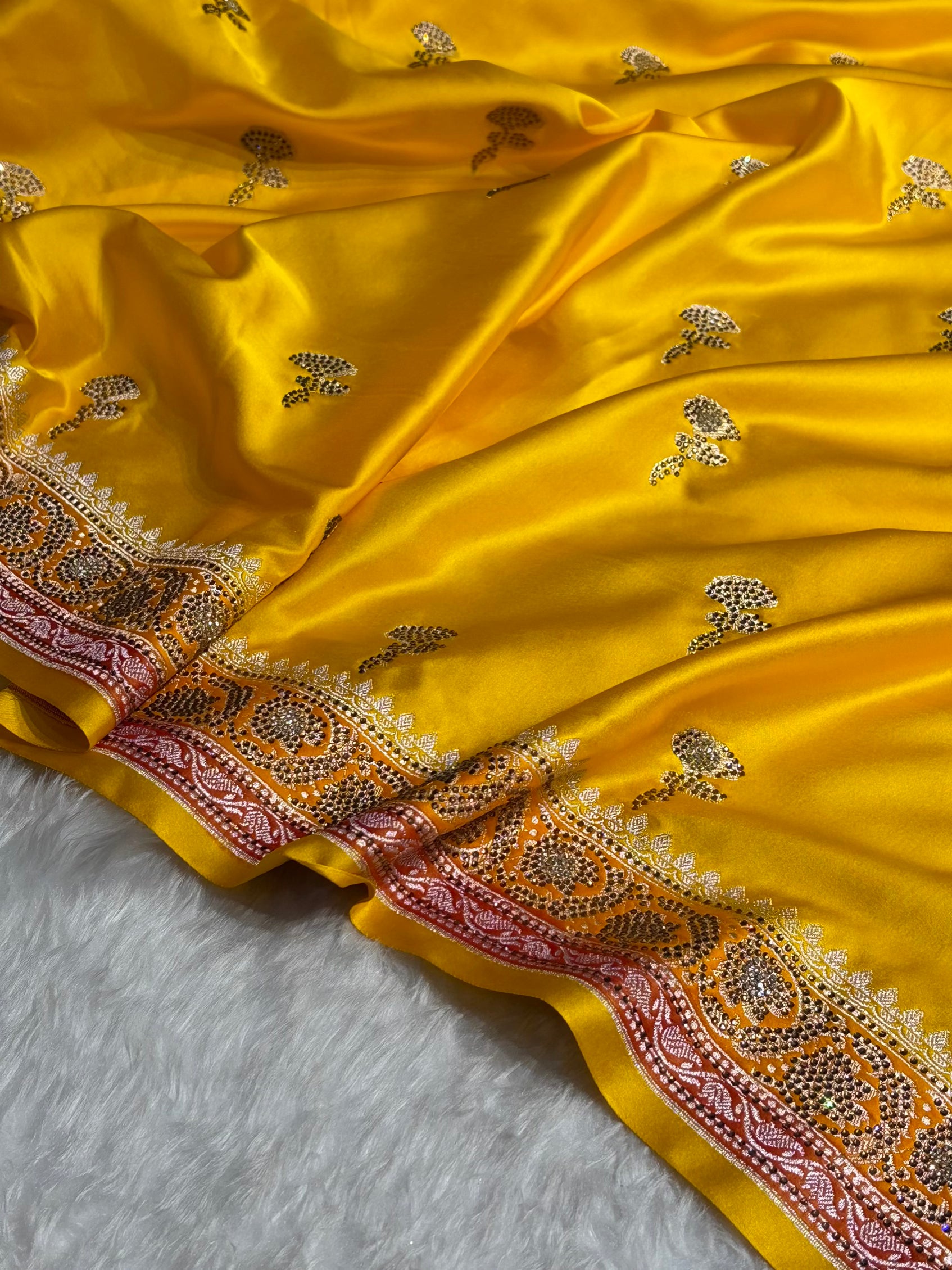 Yellow Shades With Banarasi Swarovski Stone Work Boota Mashru Silk Saree BMS51