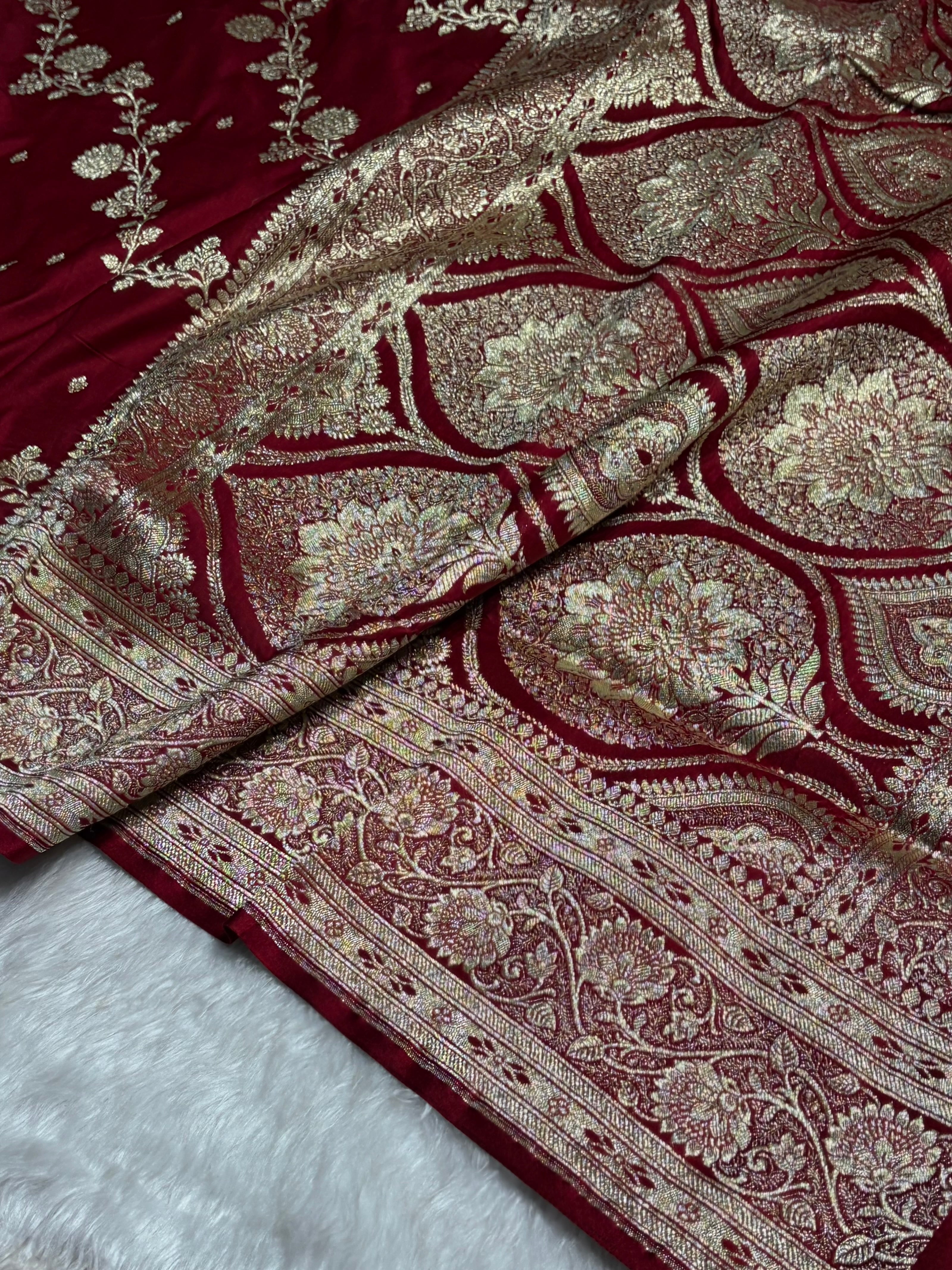 Maroon Katan Silk Saree In Cross Floral Motif