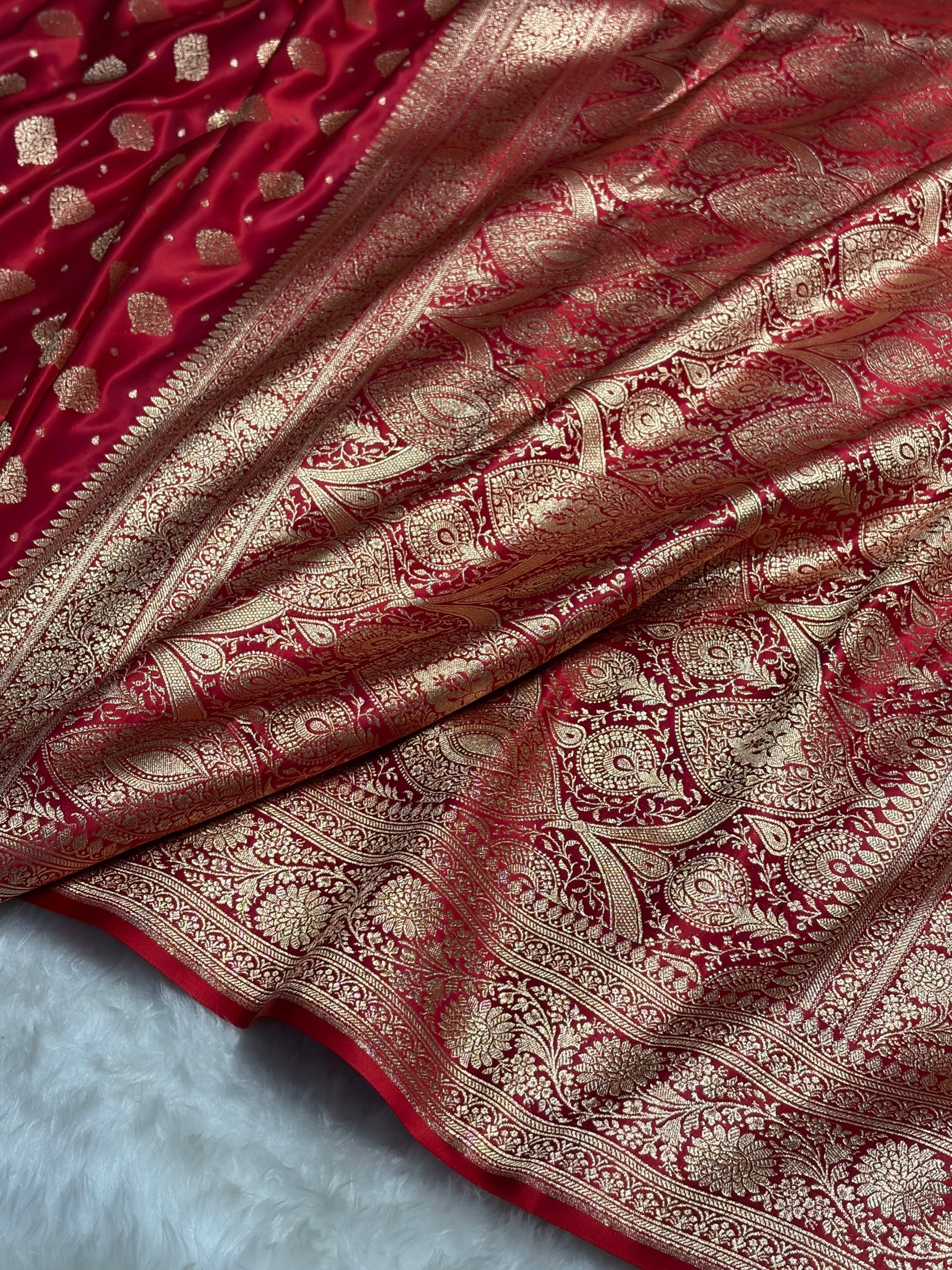 Red Unique Boota Pattern Satin Katan Silk Saree SK69