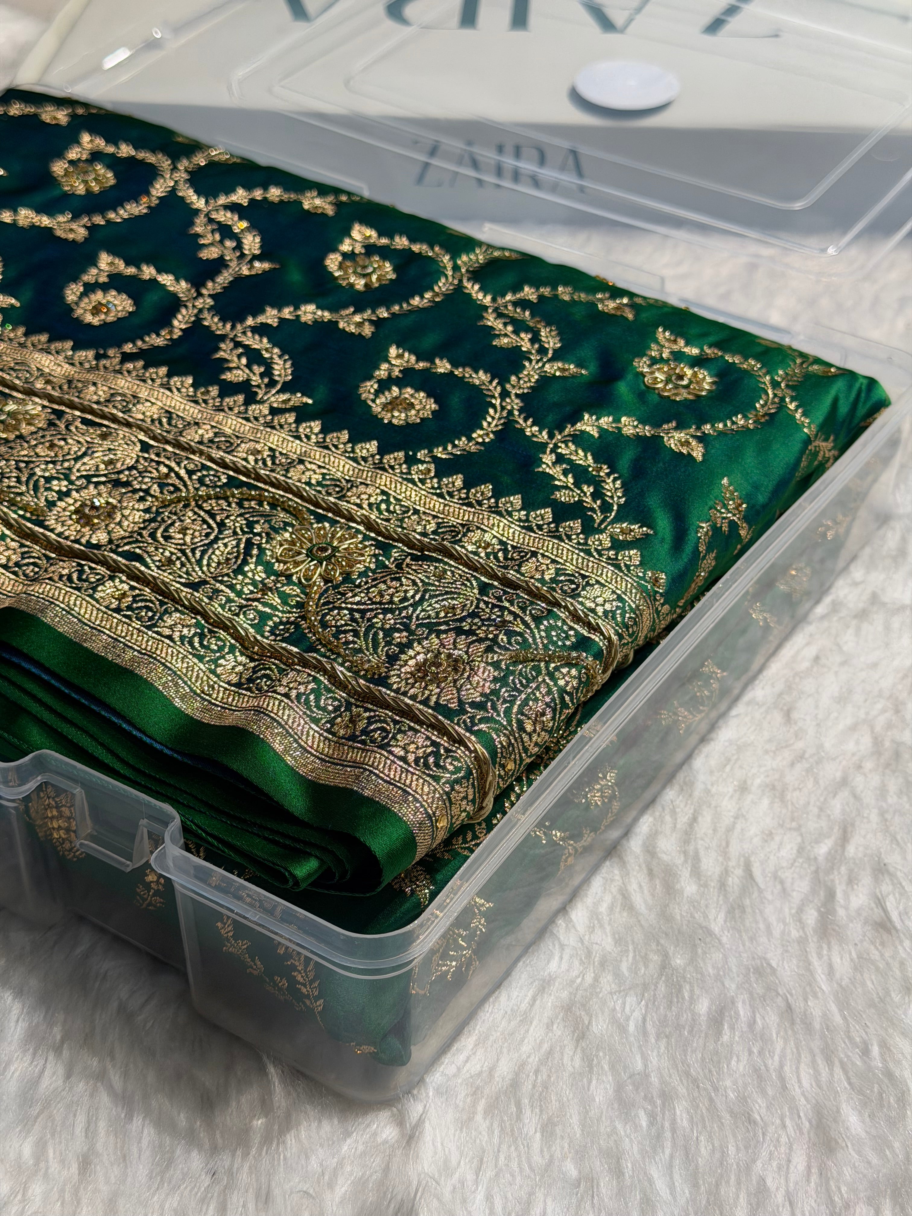 Banarasi Mehandi Booti Pattern With Swarovski Stone Work Satin Katan Silk Saree BSK55