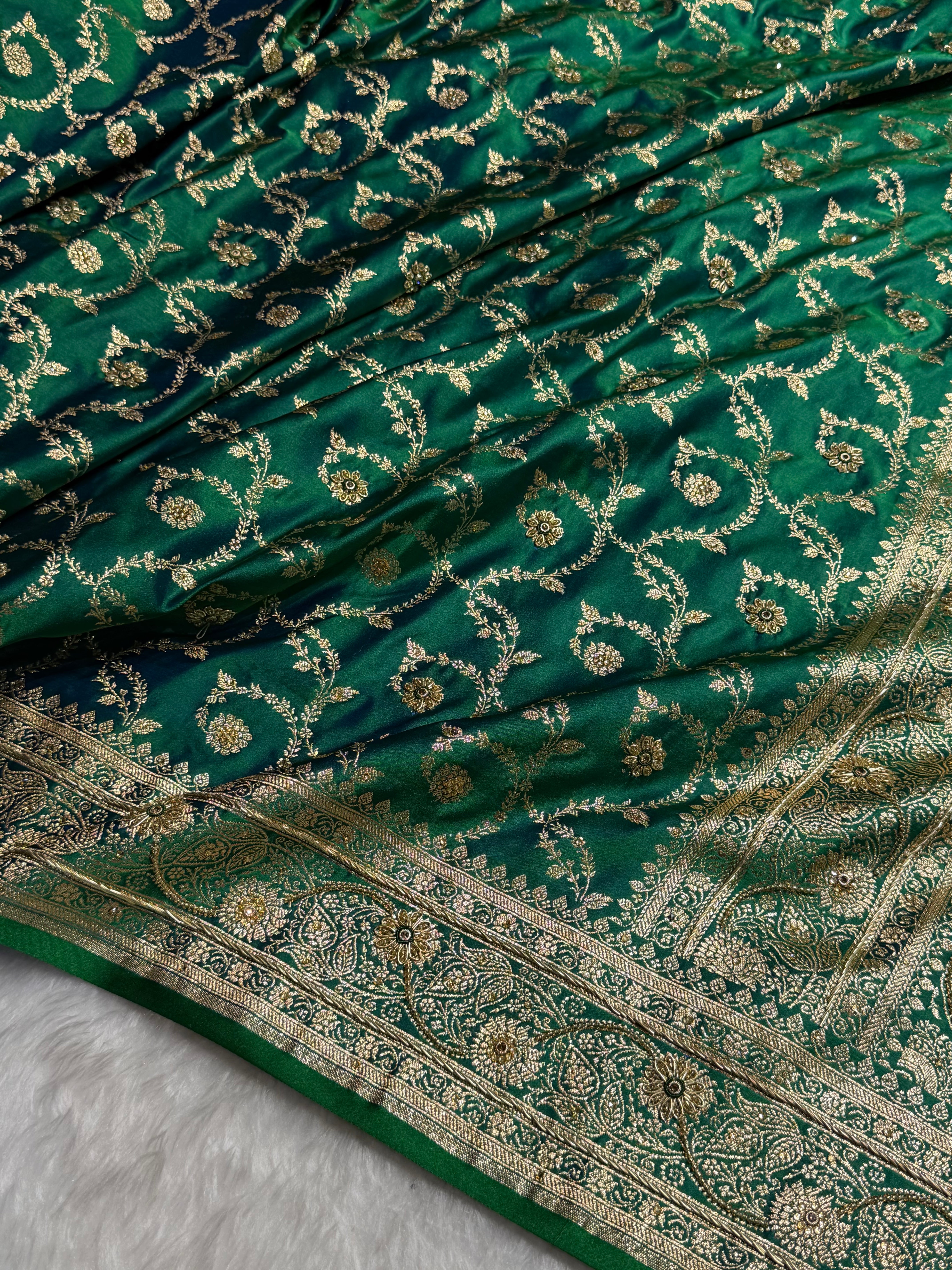 Banarasi Mehandi Booti Pattern With Swarovski Stone Work Satin Katan Silk Saree BSK55
