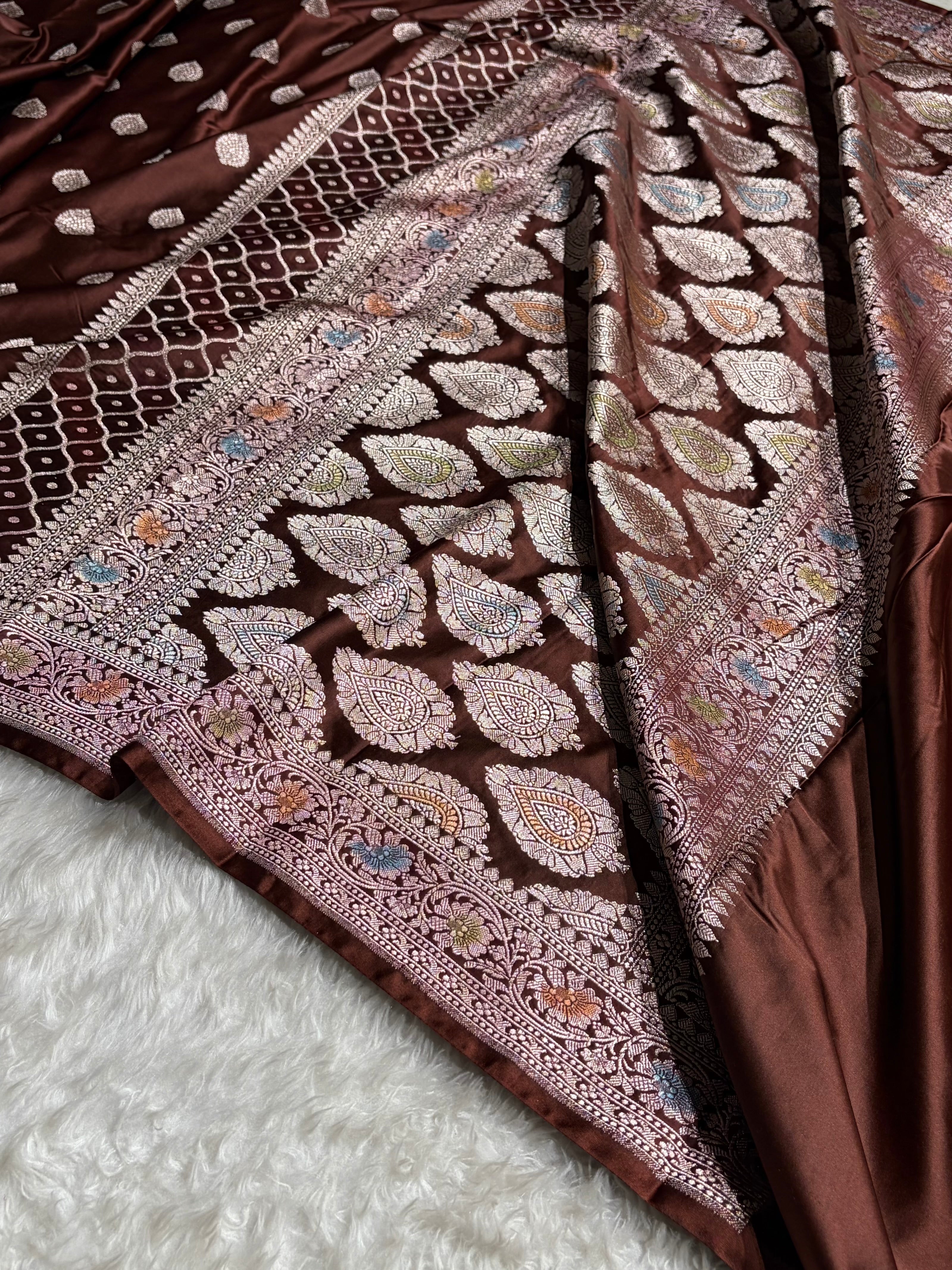 Chocolate Shades Minakari Floral Border Booti Mashru Silk Saree