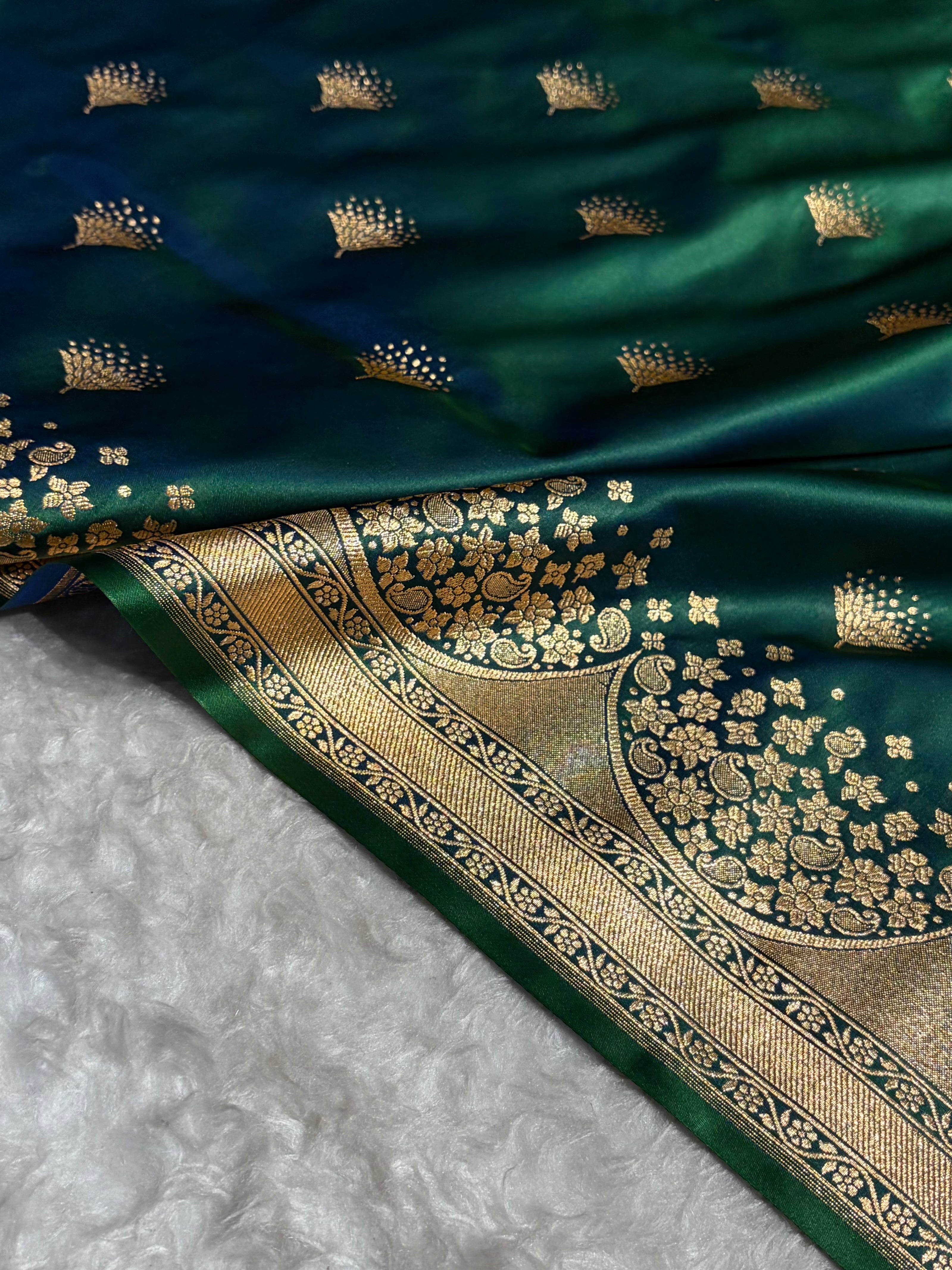 Cross Green Floral Banasari Pattern Satin Katan Silk Saree SK83