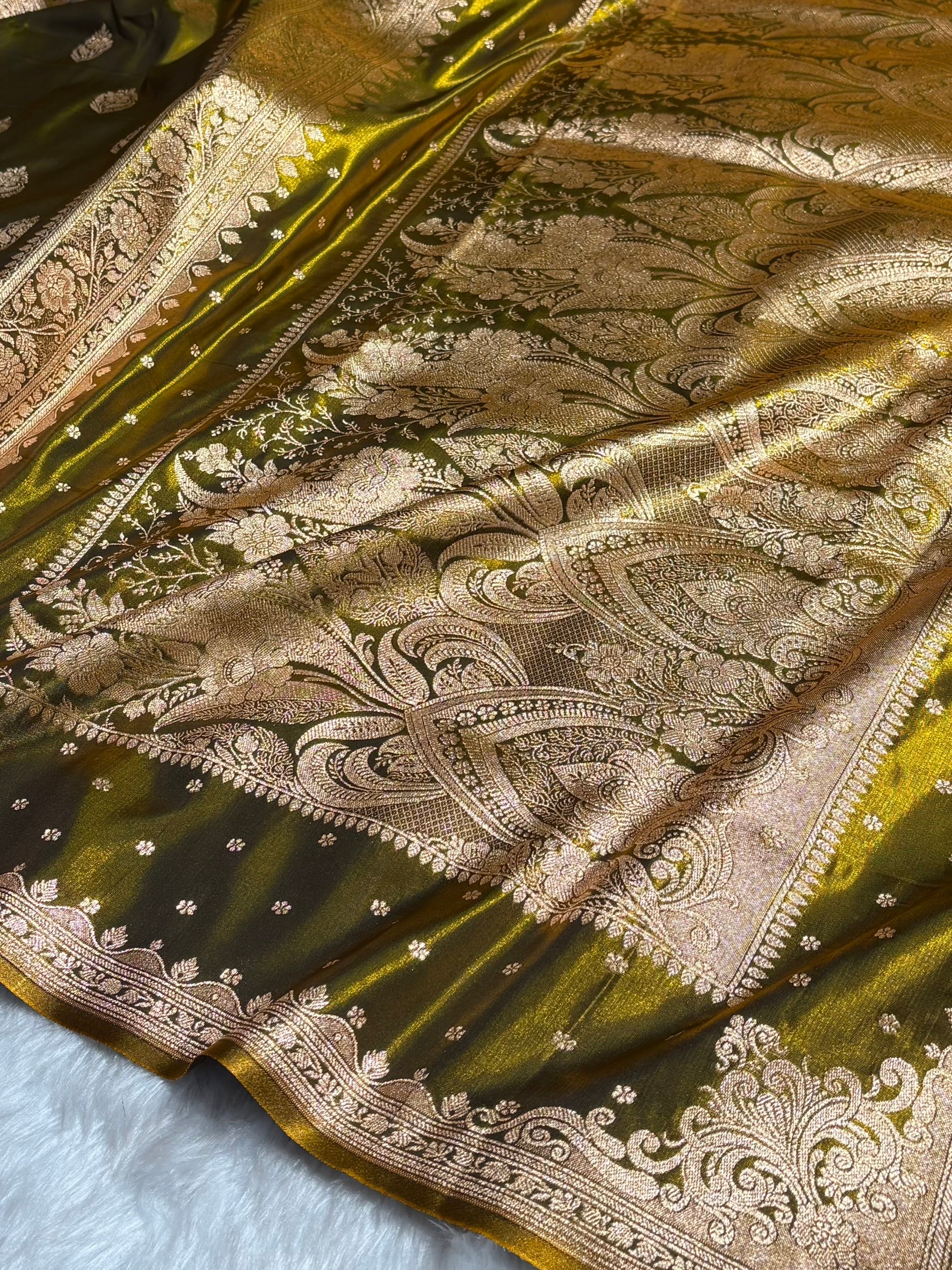 Satin Silk Saree Booti Motif in Mehendi Shades SS20