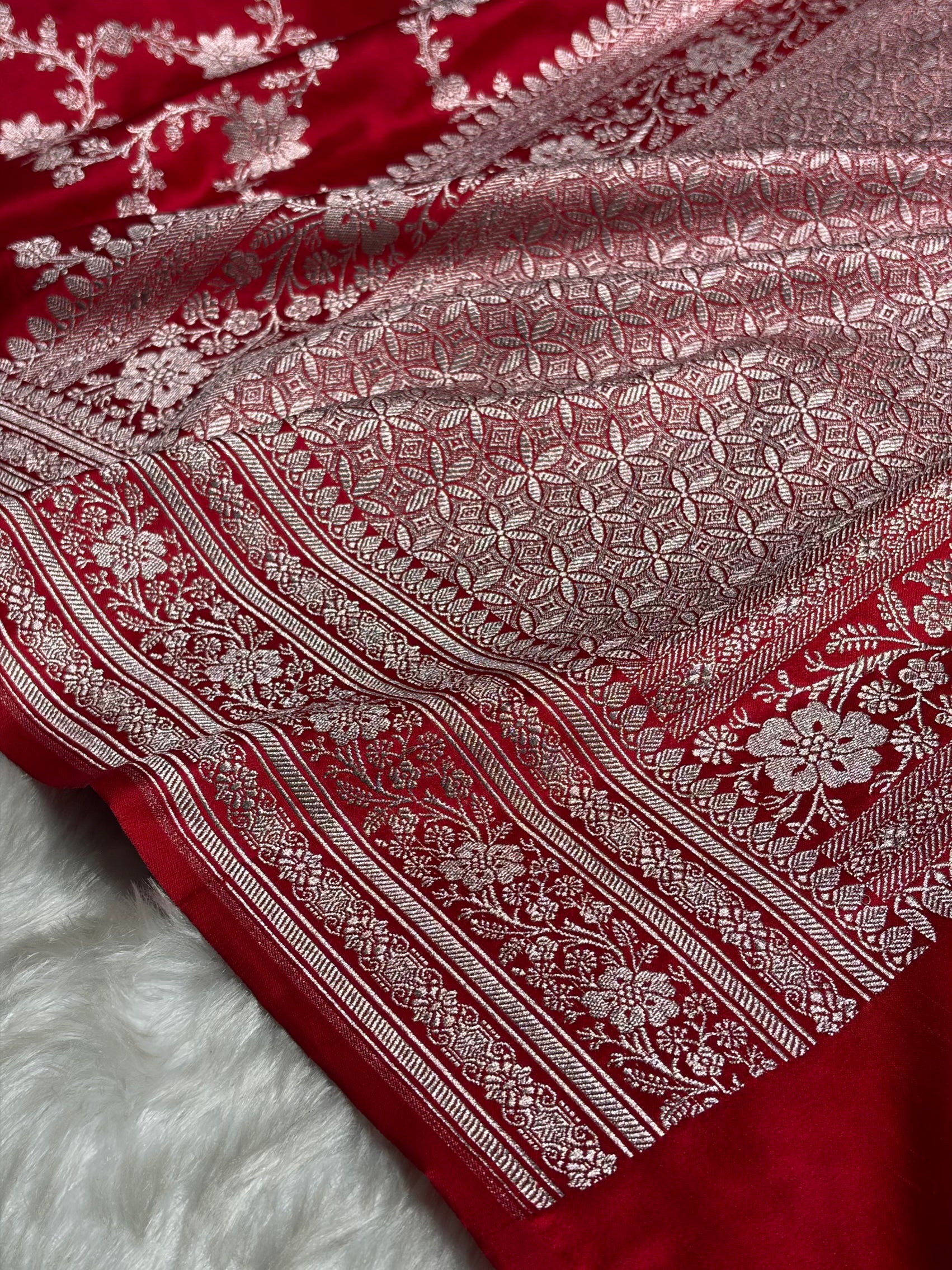 Ruby Red Floral Jaal Mashru Silk Saree MS07