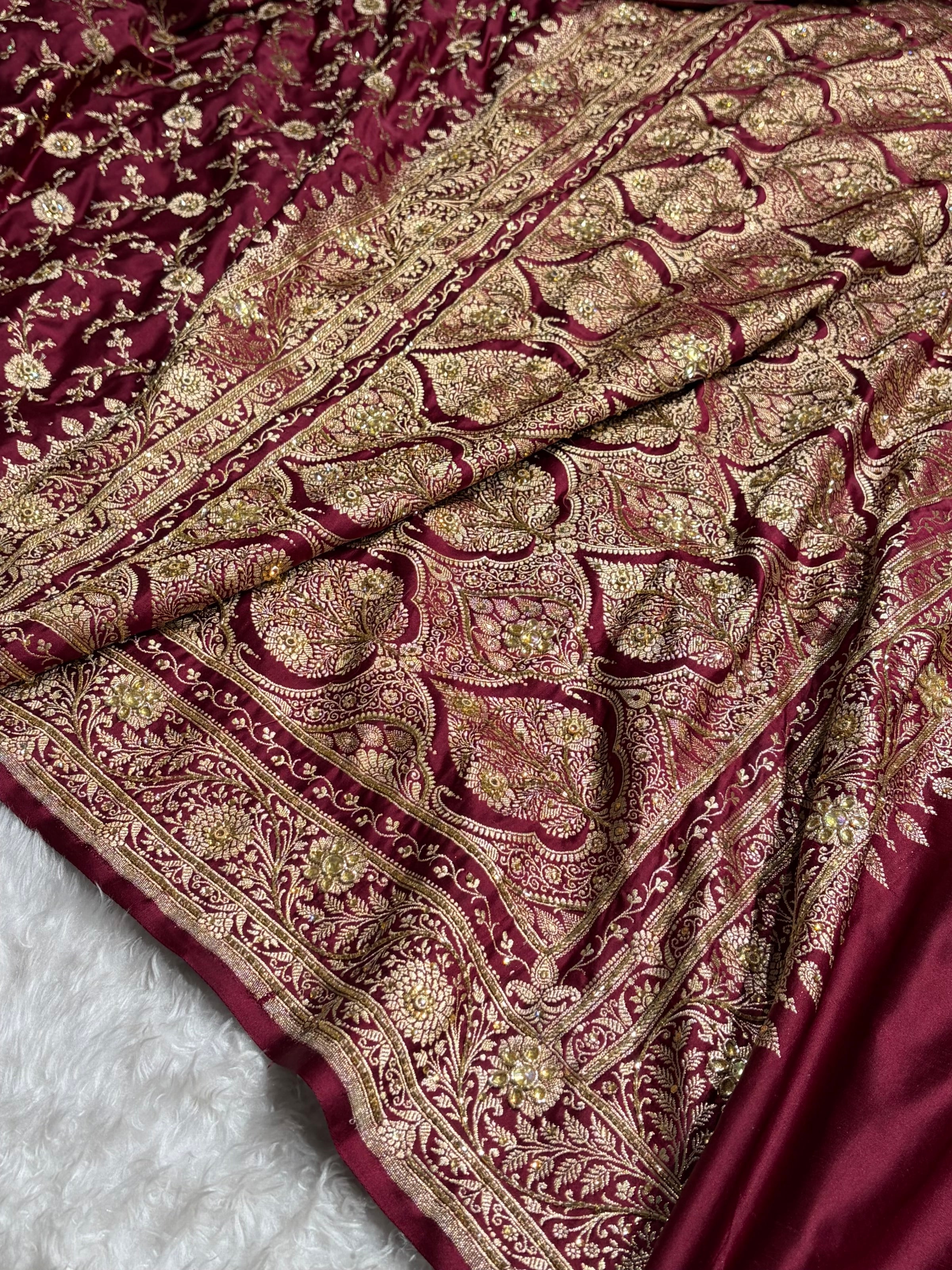 Garnet Shades Banarasi With Ari Zardozi Work Jaal Katan Silk Saree BSKM37