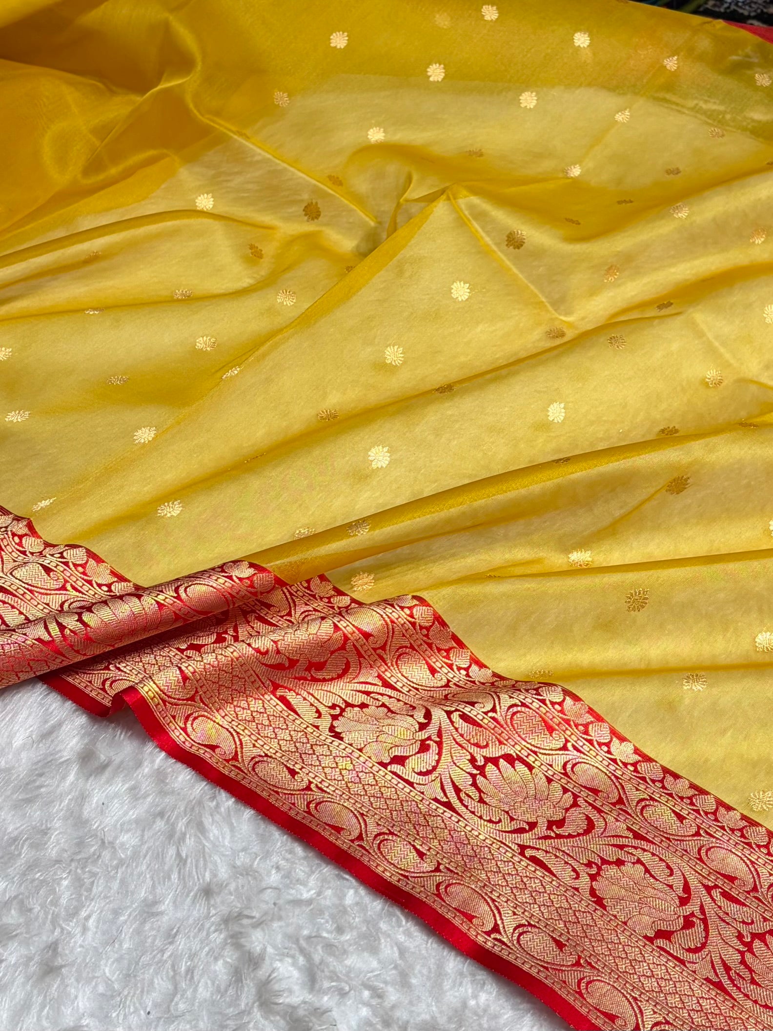 Contrast Pure Banarasi Organza Mustard With Red Floral Banarasi Silk Saree PO-15