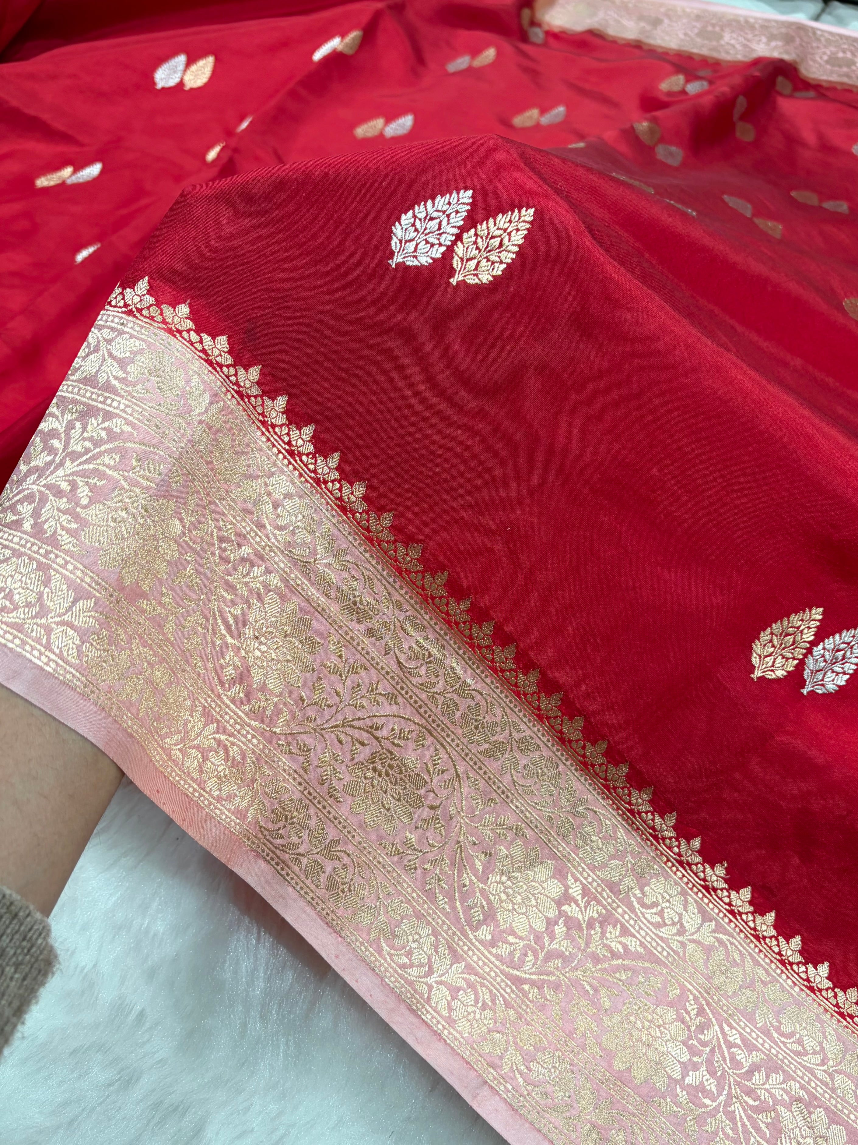 Banarasi Maroon With Peach Contrast Shades Boota Handwoven Pure Katan Paper Silk RM-76