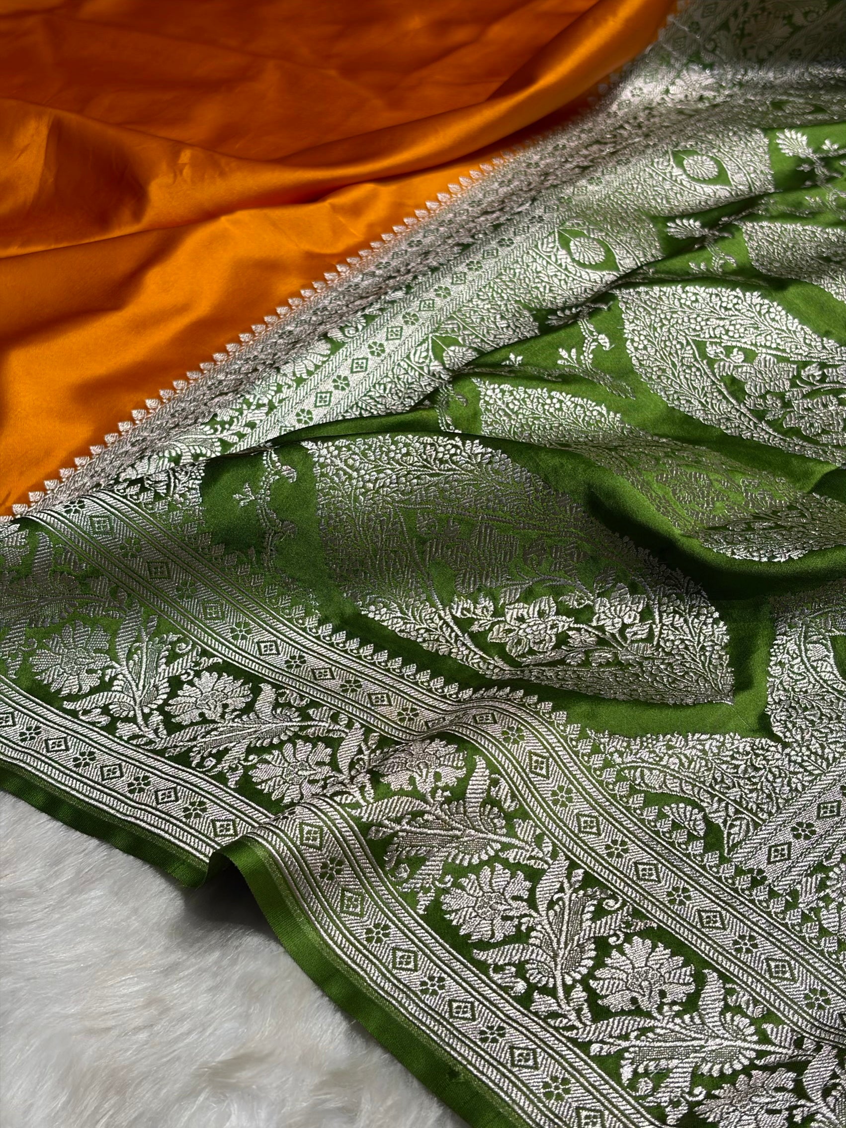 Contrast Orange with Green Border Plain Mashru Silk Saree MS22