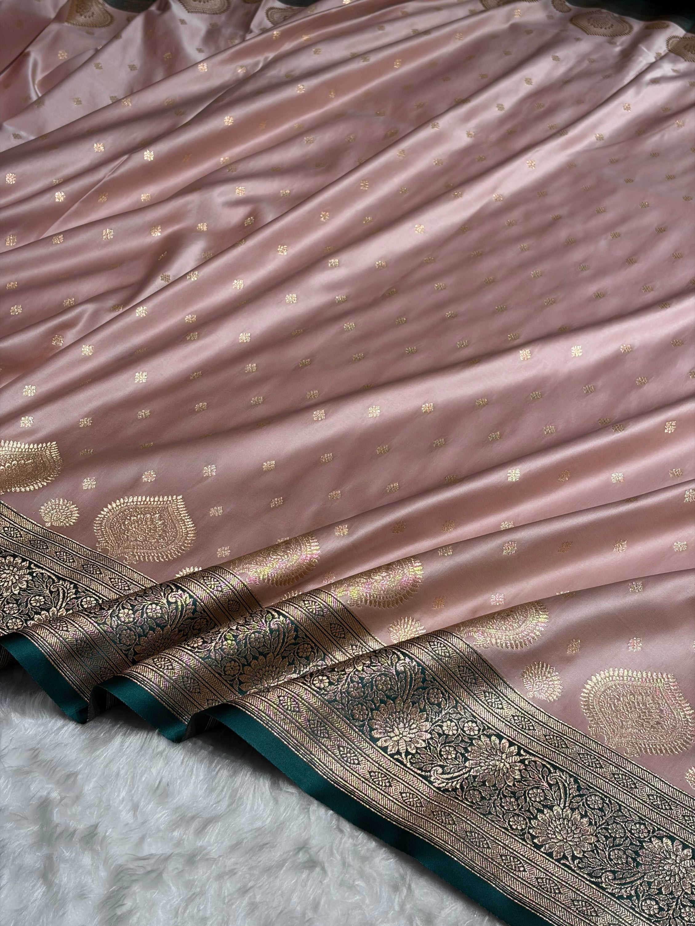 Rose Gold with Rama Booti Satin Katan Silk saree SK29