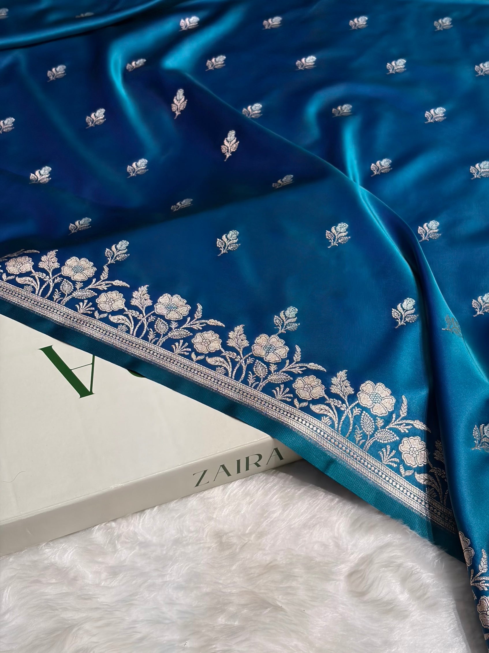 Peacock Blue Boota With Floral Border Mashru Silk Saree MSM-85
