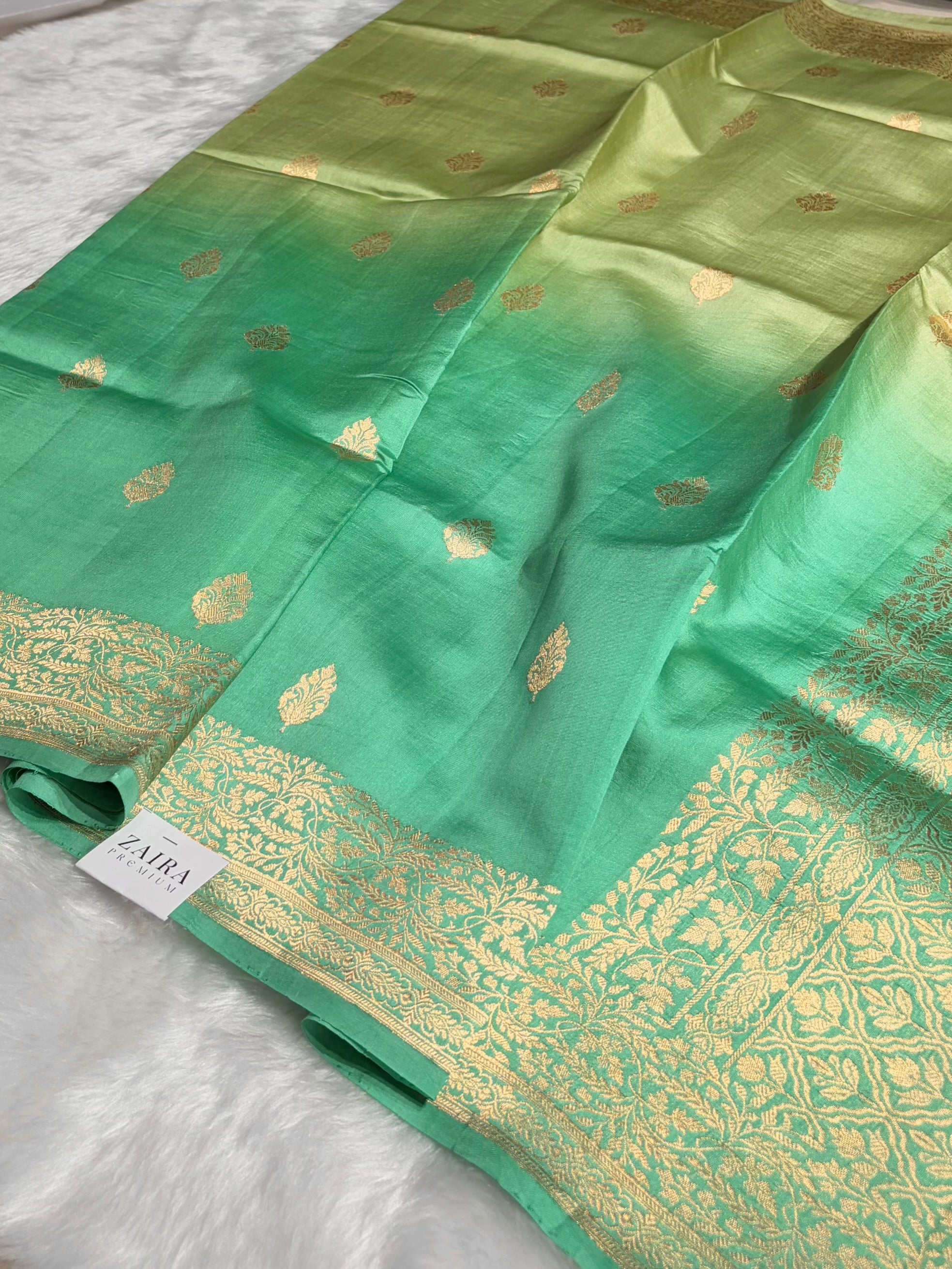 Ombré Sea Green With Pista Shades Meena Boota Handwoven Raw Mango Silk RM-31