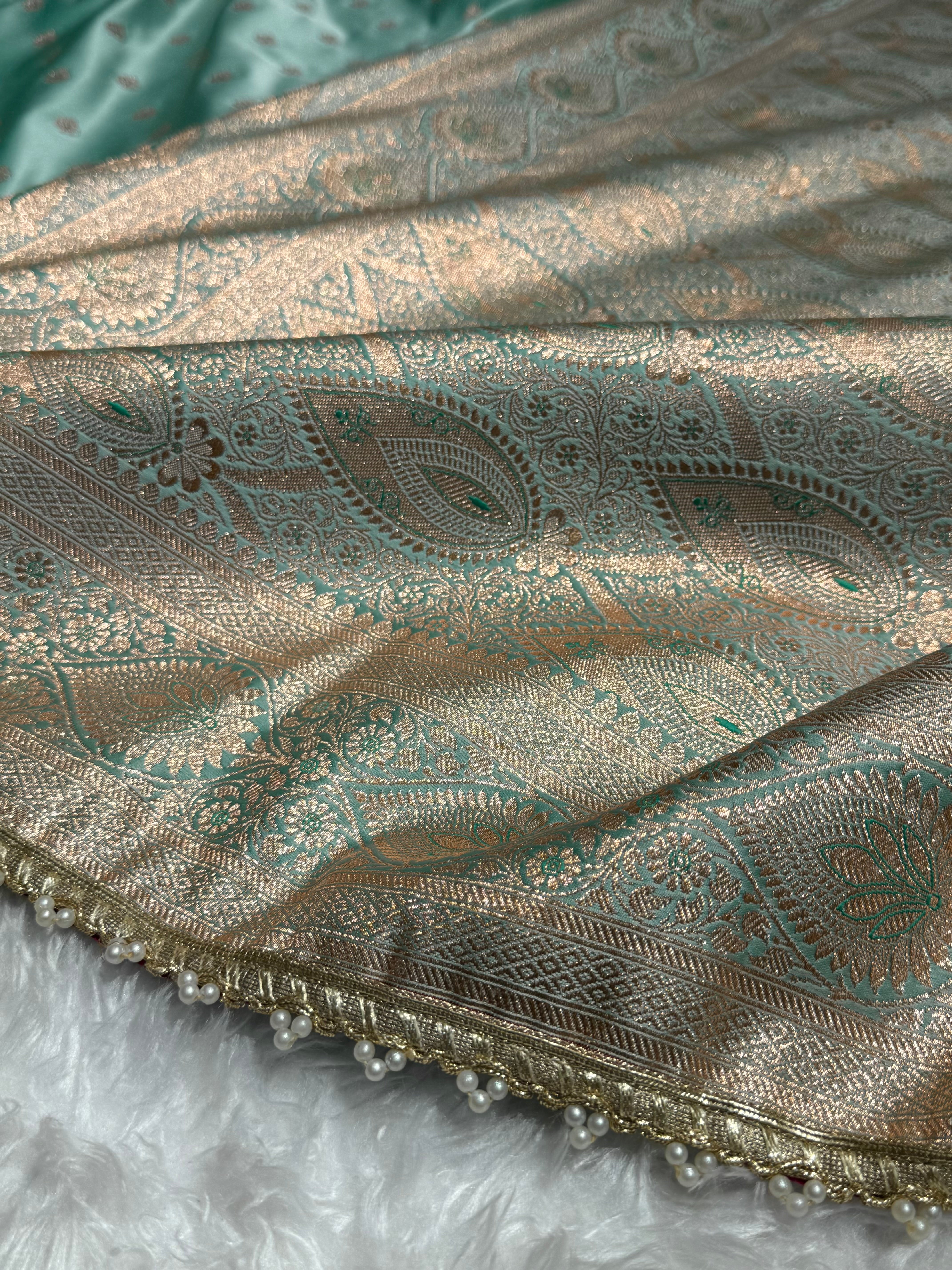 Banarasi Satin Katan Silk Saree In Pastel Sea Green Shades with gotta Patti