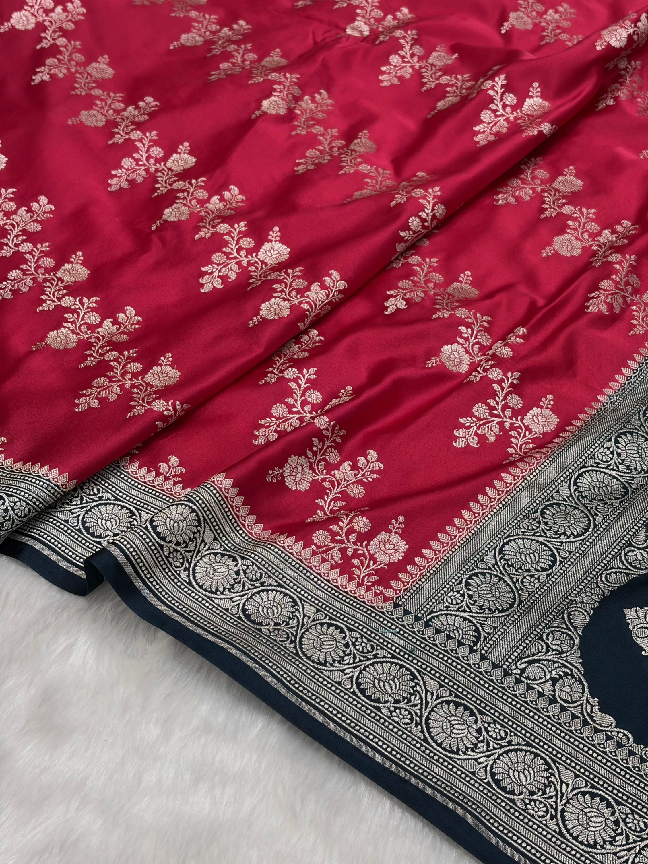 Contrast Ruby Pink Banarasi Cross Mashru Silk Saree MS01