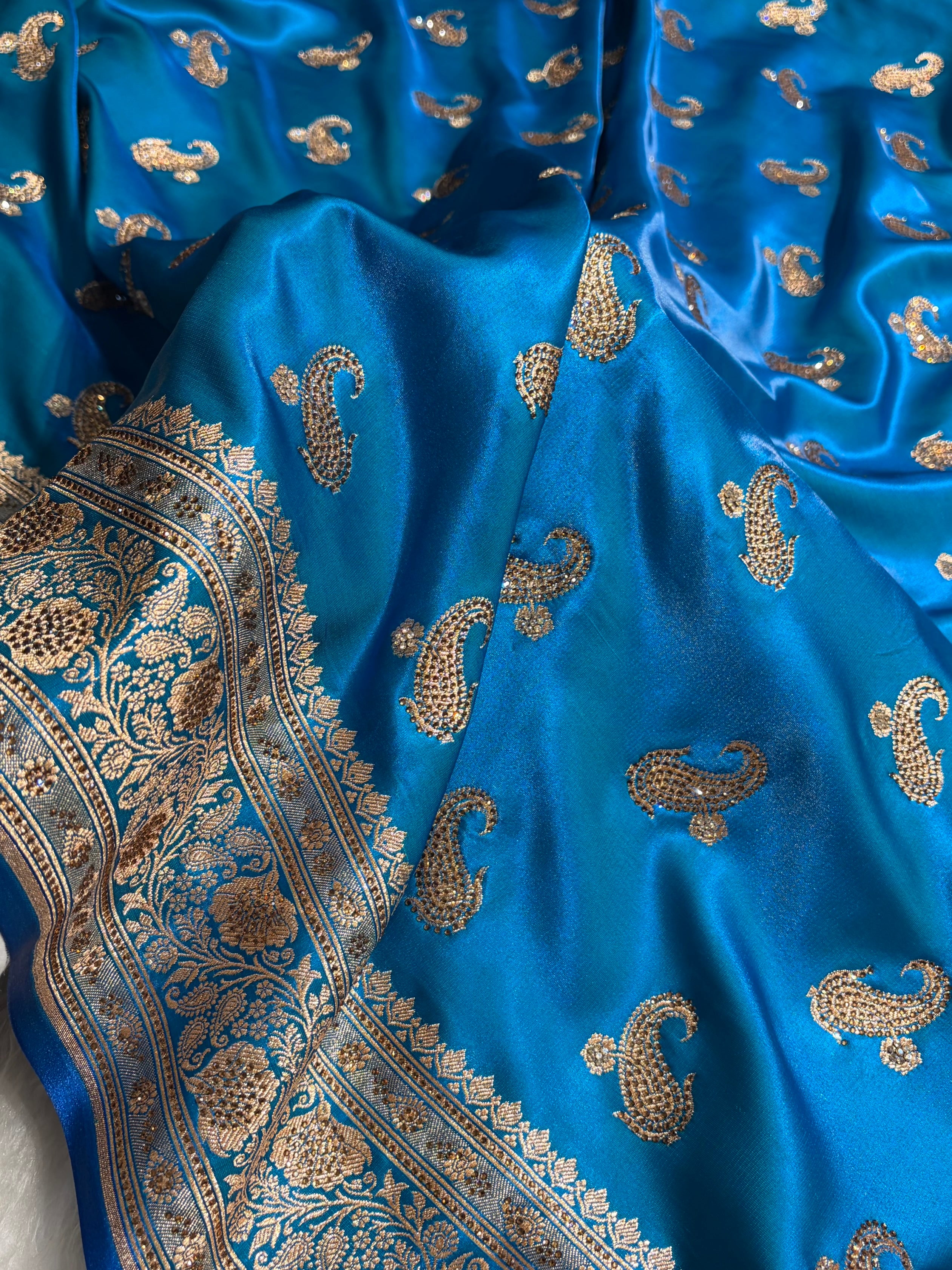 Satin Silk Saree Tredition Banarasi Swarovski Work Floral Boota in Firozi Shades BSS27